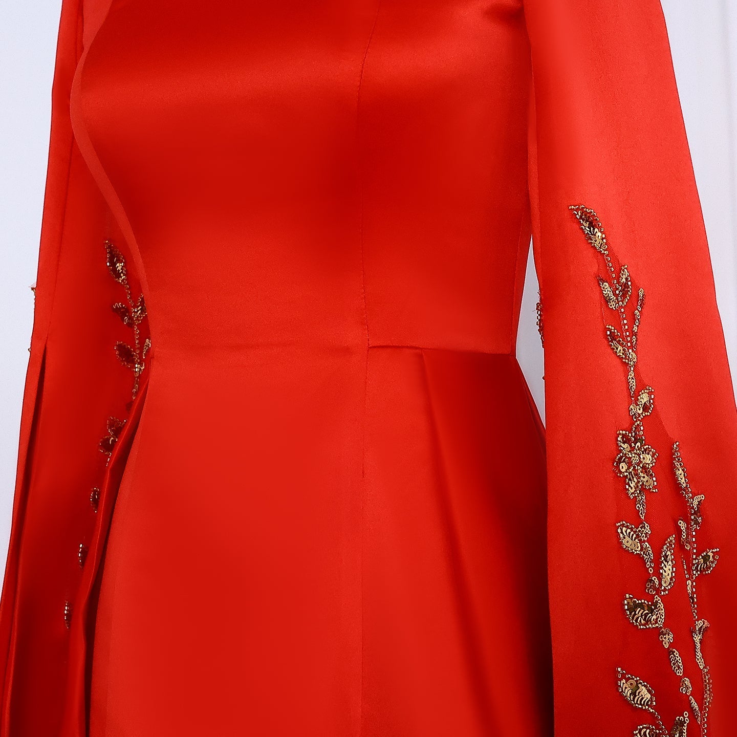 Elegant Red Evening Dress with Gold Floral Embroidery Cape Sleeves SS568