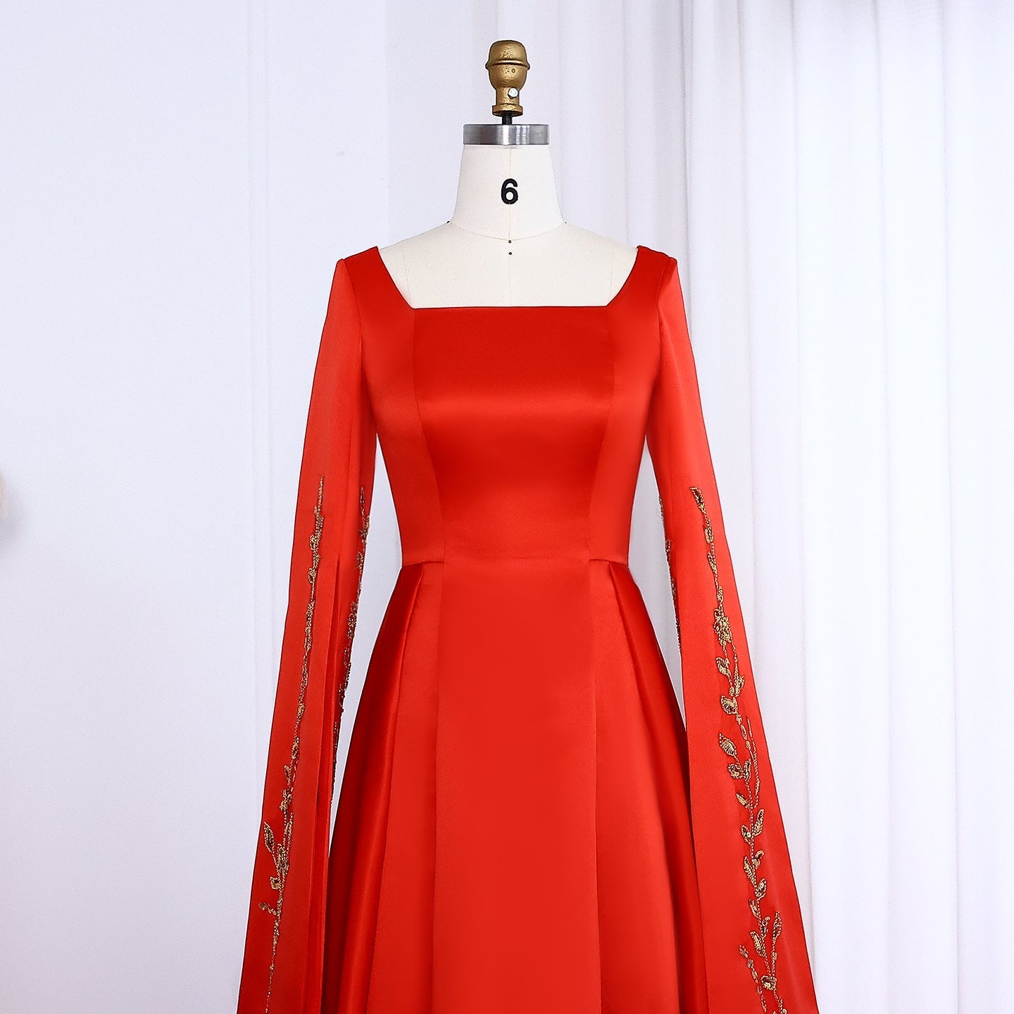 Elegant Red Evening Dress with Gold Floral Embroidery Cape Sleeves SS568