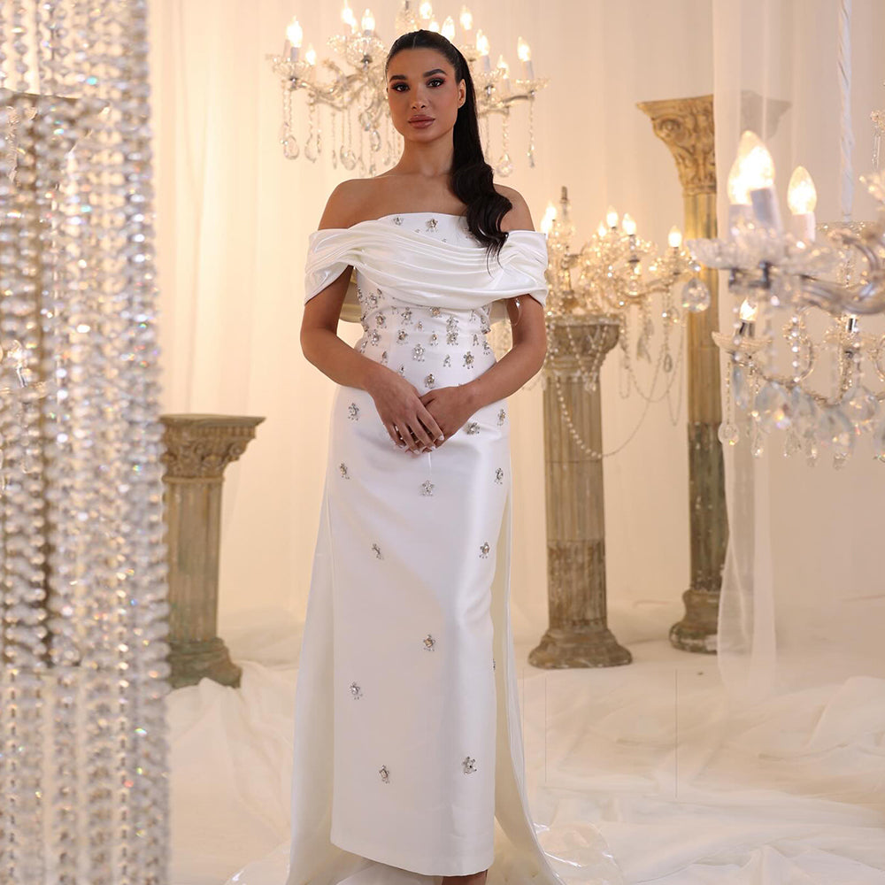 Elegant Crystal Off Shoulder Blue Evening Dress with Overskirt SS270  White / US 18