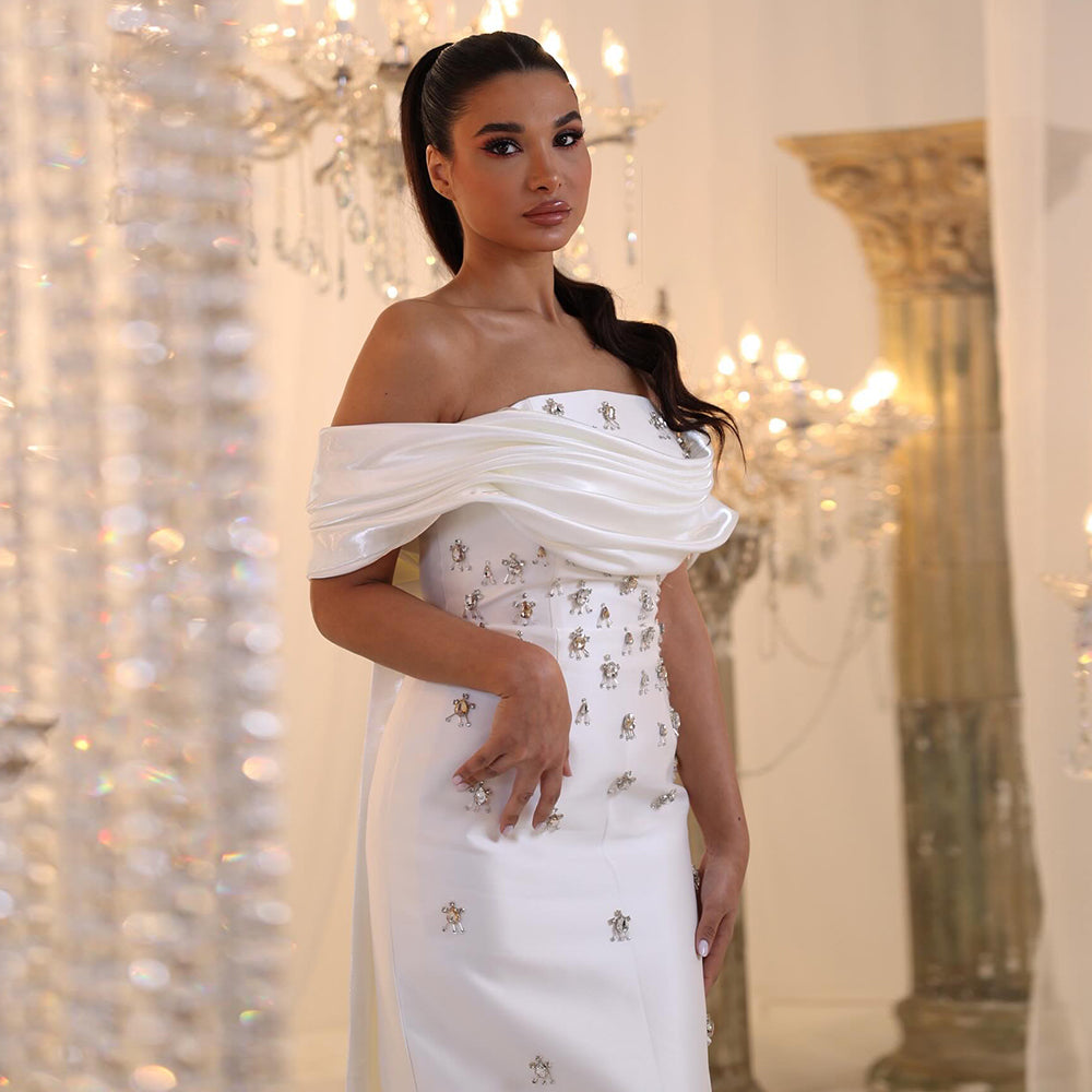 Elegant Crystal Off Shoulder Blue Evening Dress with Overskirt SS270