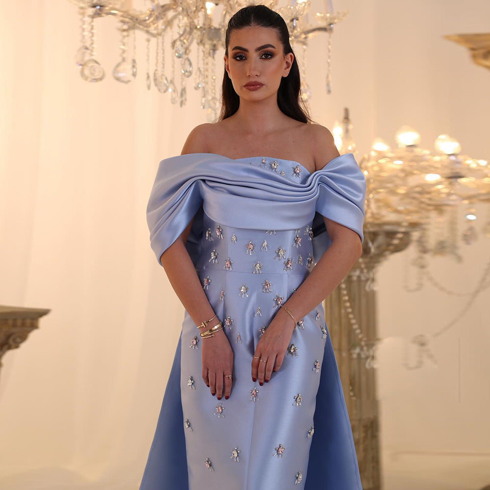 Elegant Crystal Off Shoulder Blue Evening Dress with Overskirt SS270