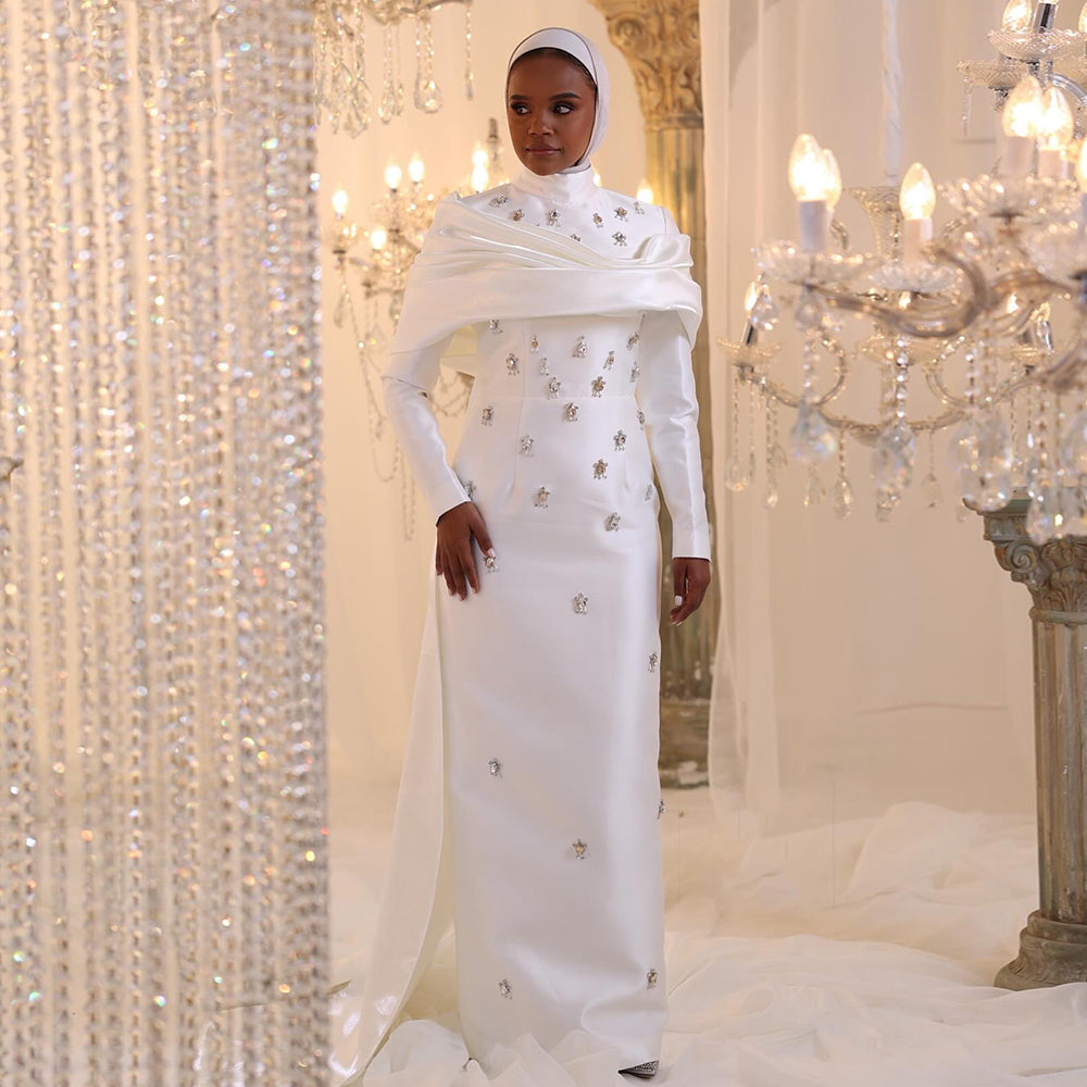 Elegant High Neck Long Sleeves Evening Dress with Overskirt SS271  White / US 18