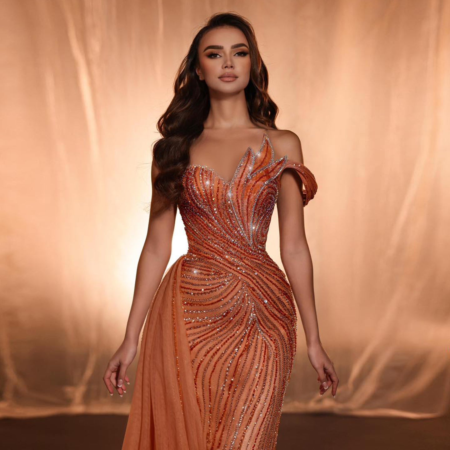 Luxury Orange One Shoulder Evening Dress with Overskirt SS257