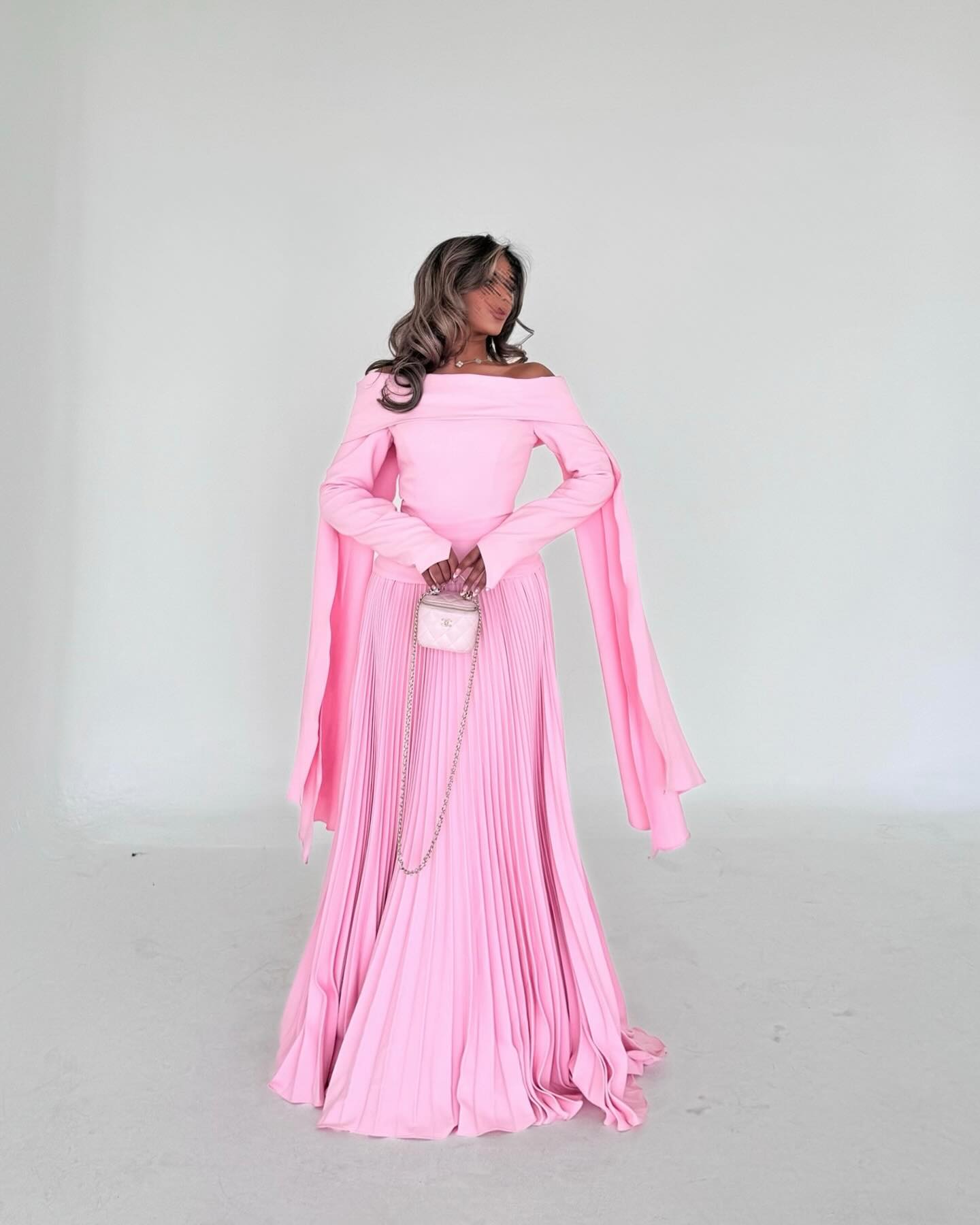 Elegant Pink Pleats Off Shoulder Long Sleeves Evening Dress SF062
