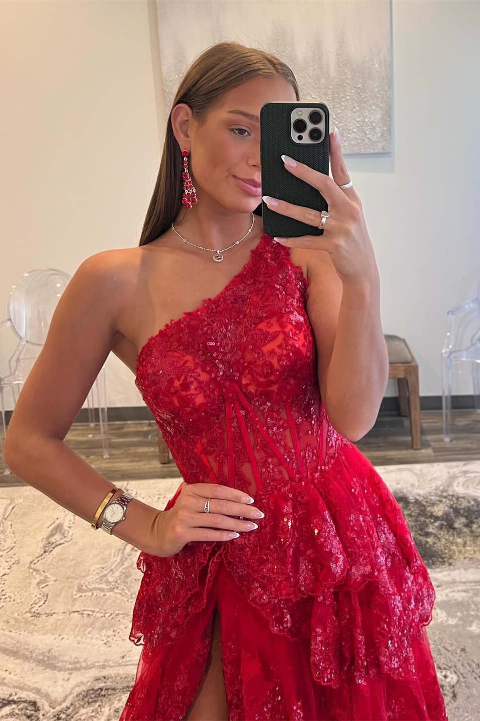 Vibrant Navy Blue Ruffles One shoulder Prom Dress with High Slit SF156