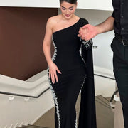 Black One Shoulder Mermaid Evening Dress with Cape Sleeve SS389