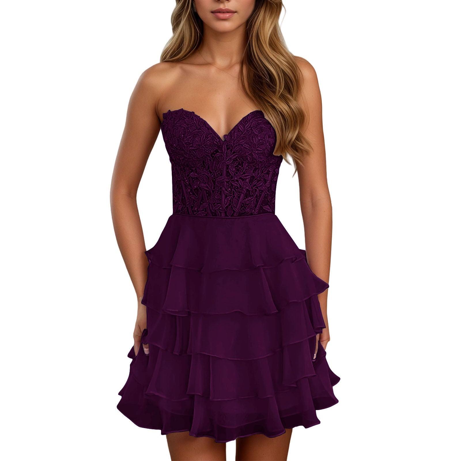 A Line Lilac Strapless Tiered Corset Short Homecoming Dress with Appliques