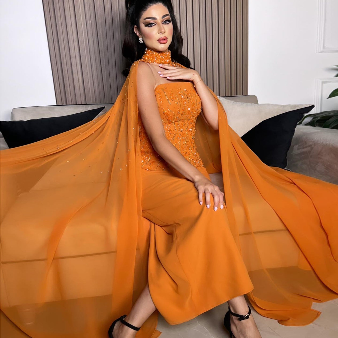 Luxury Orange Strapless Evening Dress with Cape Sleeves SS299
