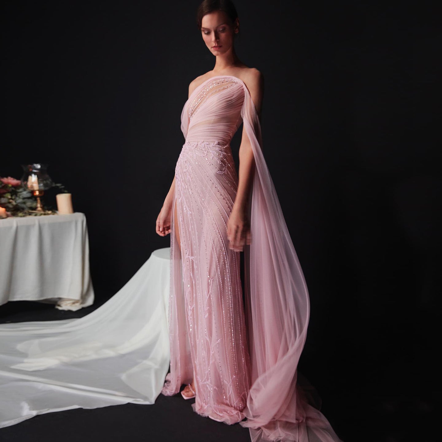 Chic Off Shoulder Pink Evening Dress with Cape Sleeves High Slit SS466