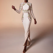 Elegant White Long Sleeves Embroidery Flora Evening Dress SS541  White / US 18