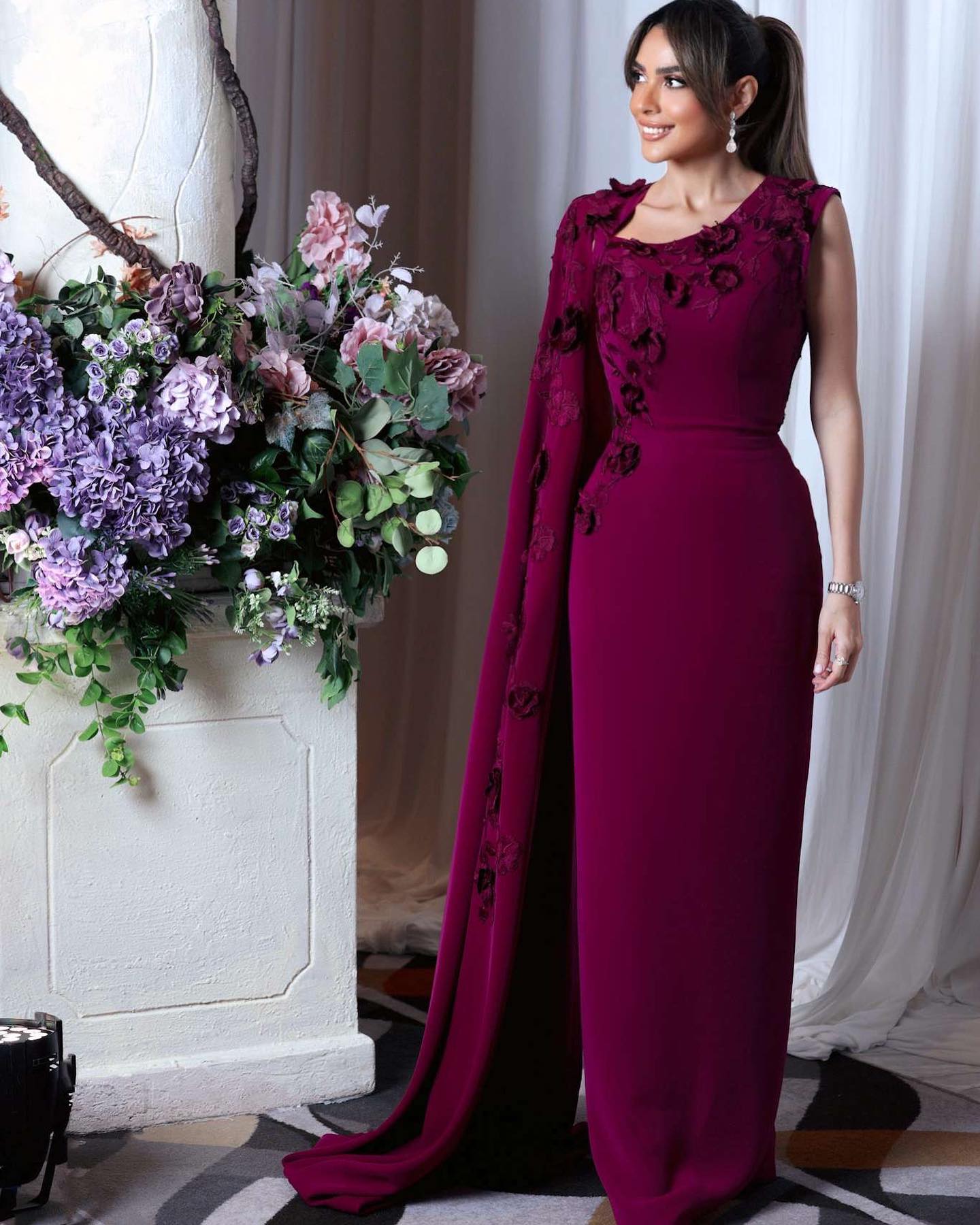 Elegant Purple 3D Flowers Evening Dress with Cape Sleeve SF105