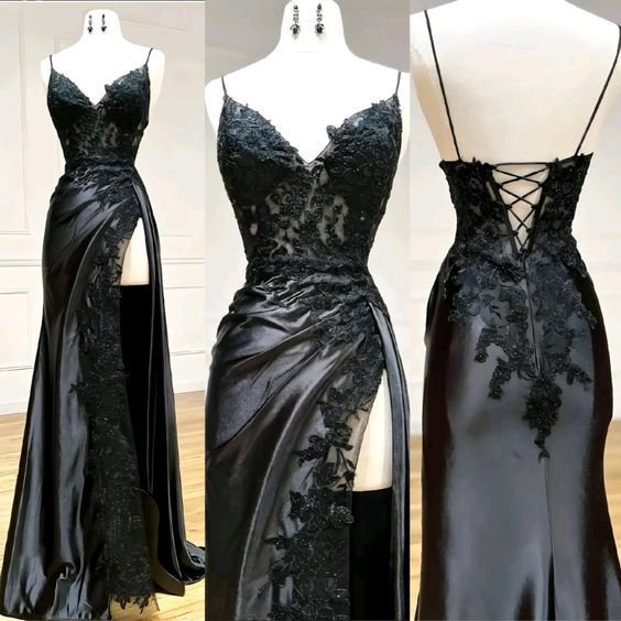 Sheath/Column Black Long Prom Dress Lace V Neck Formal Dresses High split