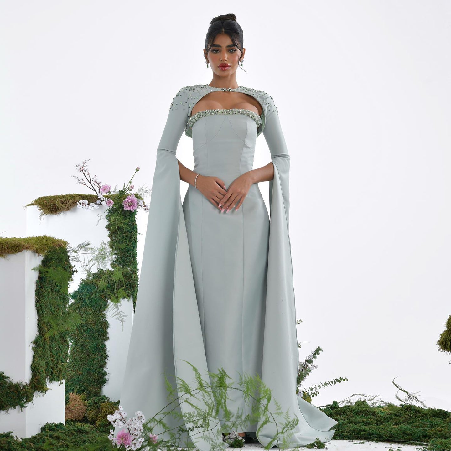 Luxury Sage Green Evening Dress with Cape Sleeves SS424