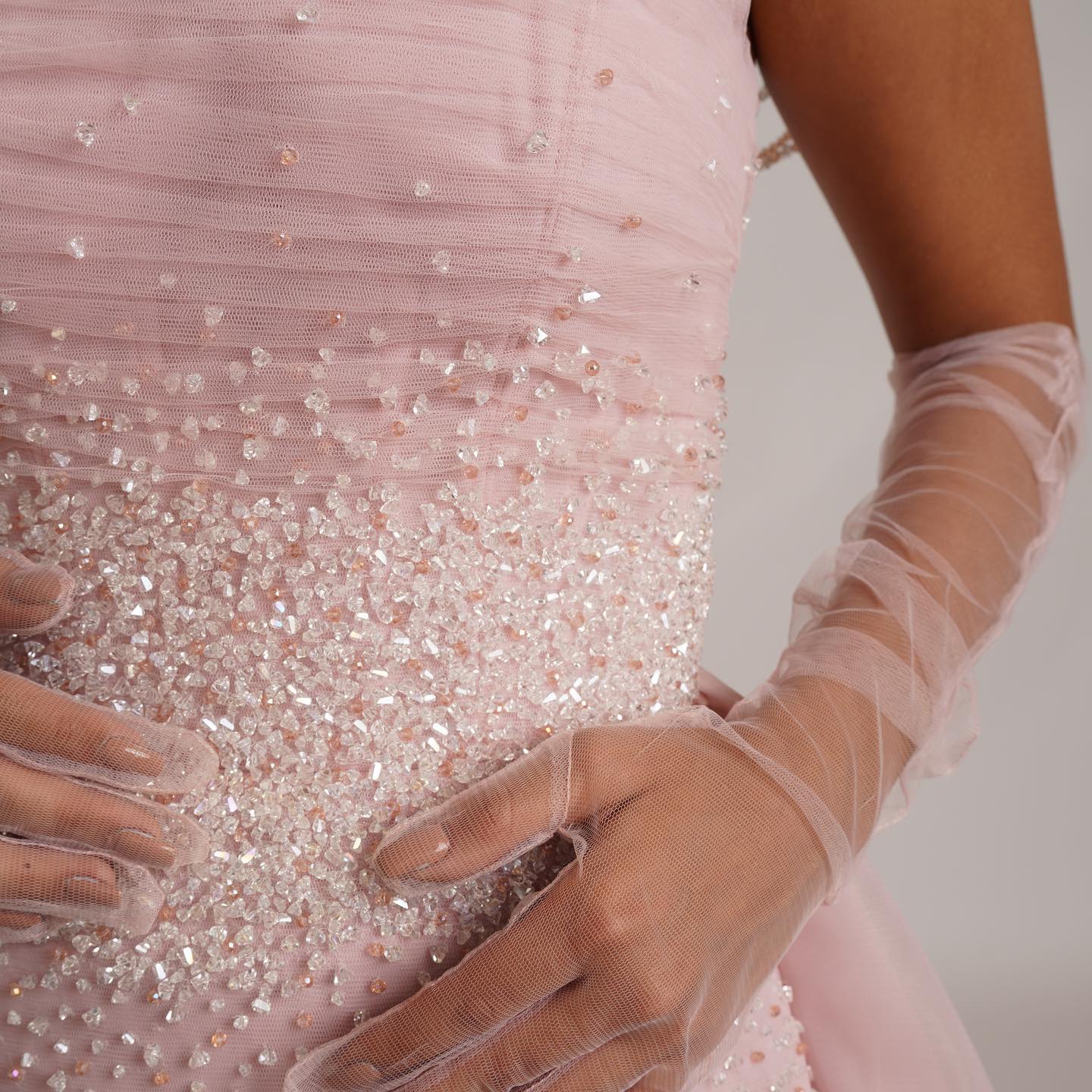 Luxury Beaded Pink Evening Dress with Overskirt Gloves SS429
