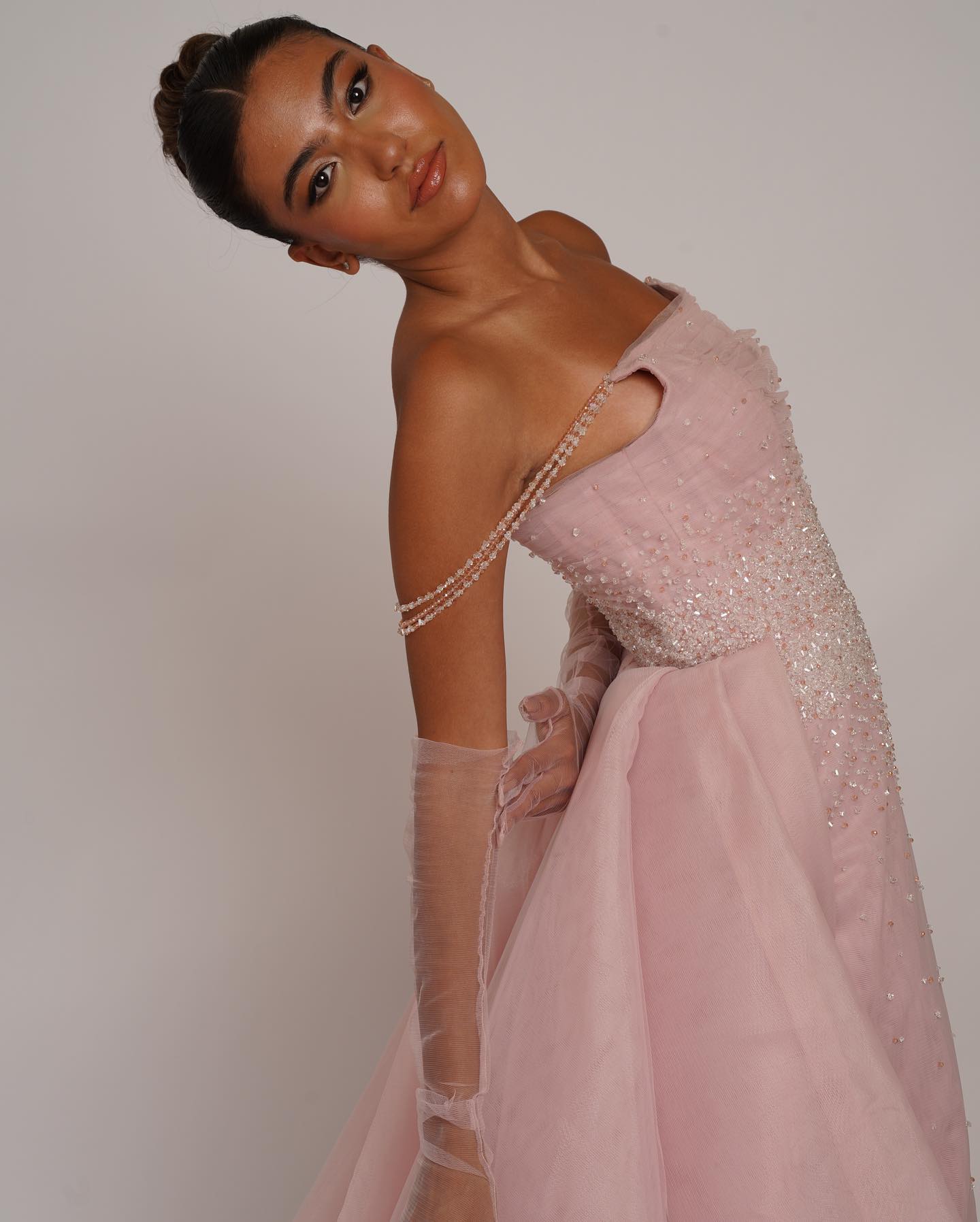 Luxury Beaded Pink Evening Dress with Overskirt Gloves SS429