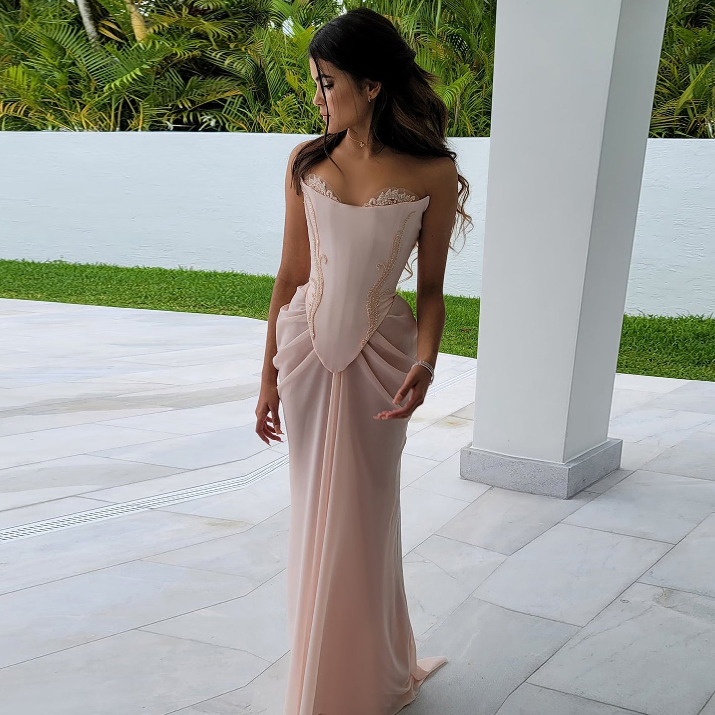 Pink Handmade Draped Strapless Chiffon Mermaid Evening Dress SF306