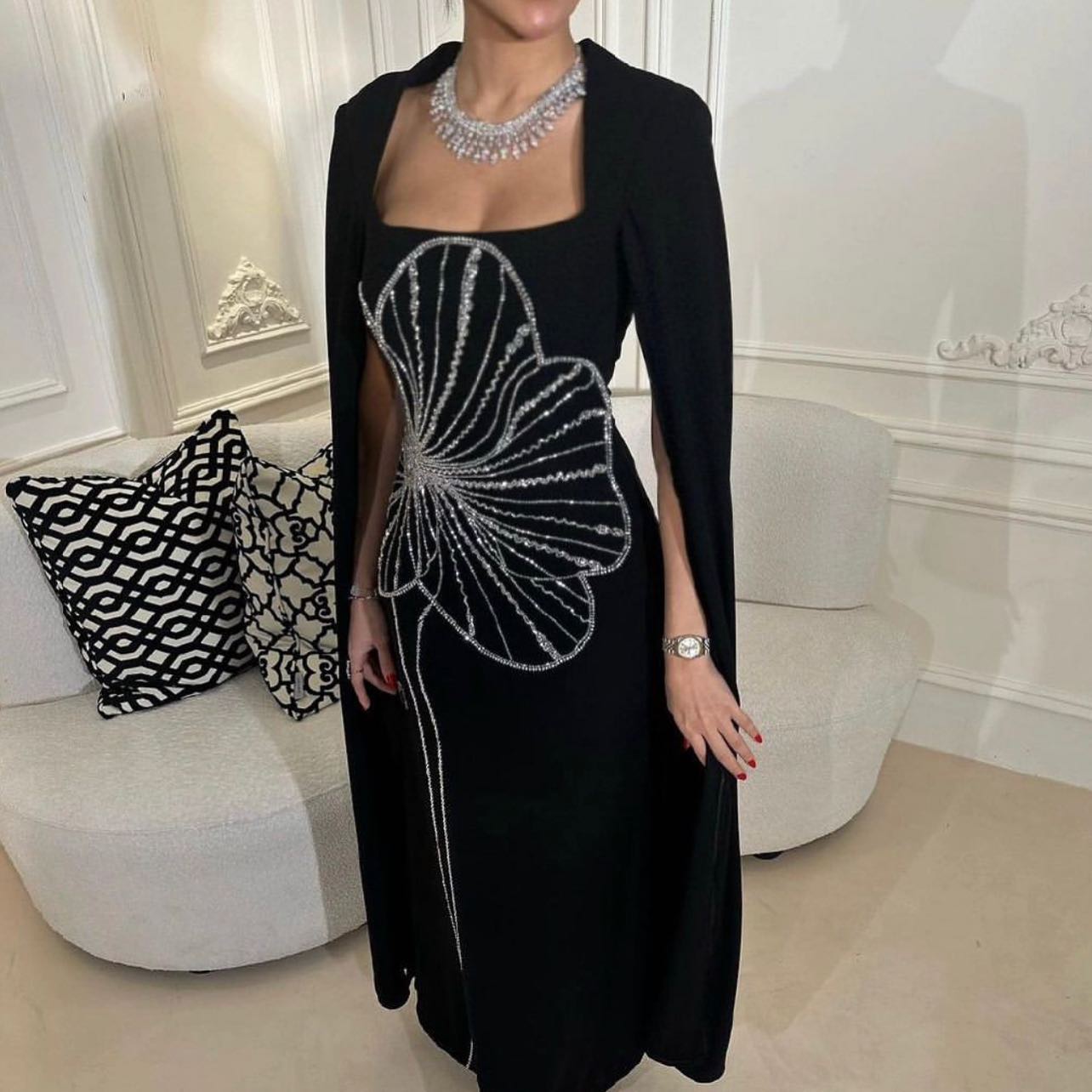 Elegant Black Beaded Evening Dress with Cape Sleeves SS275