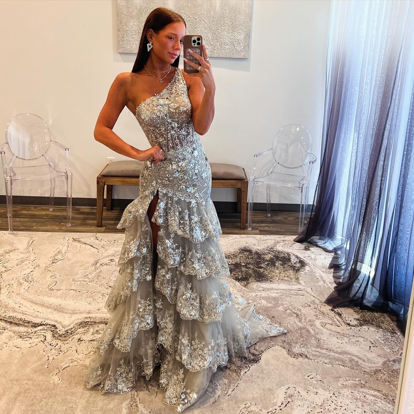 Chic Sliver Ruffles One shoulder Slit Prom Dress SH152