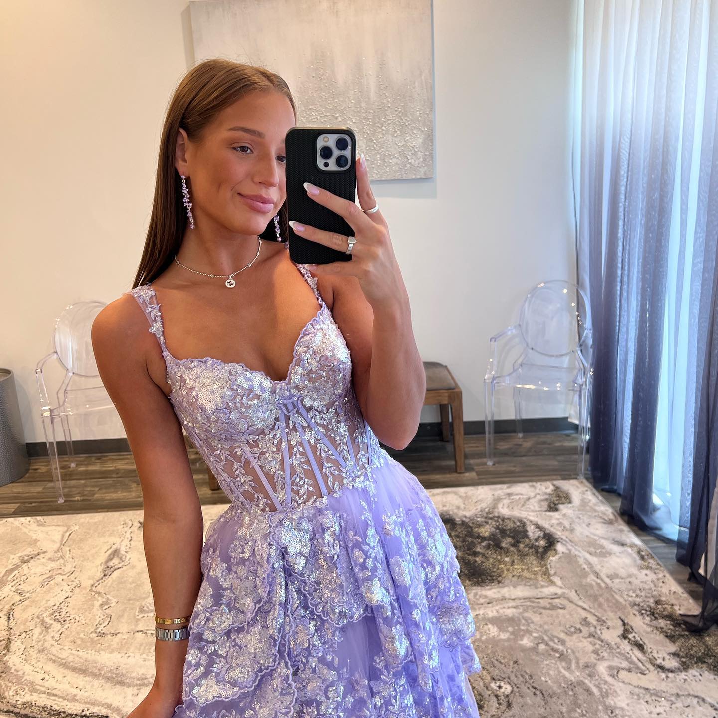 Stylish Black Ruffles Off shoulder Prom Dress with High Slit SF150