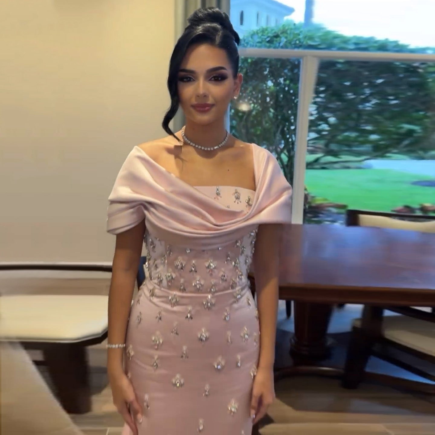 Luxury Rhinestone Pink Off Shoulder Evening Dress SS500