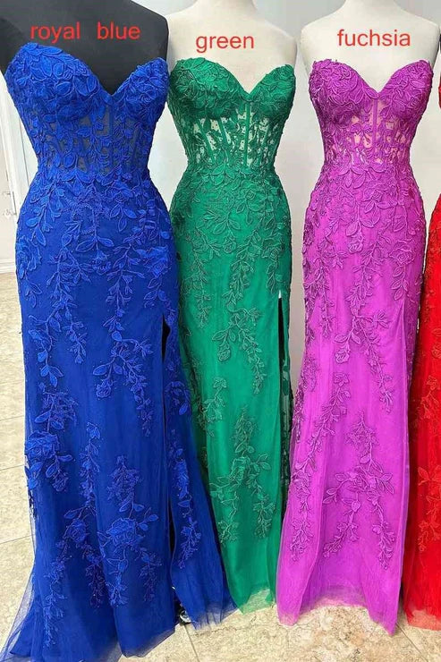 Sheath/Column Tulle Applique Sweetheart Sleeveless Sweep/Brush Train Prom Dresses