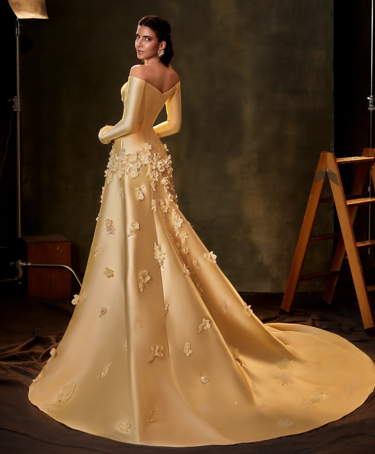 Elegant Off Shoulder Yellow 3D Flowers Evening Dress SS537