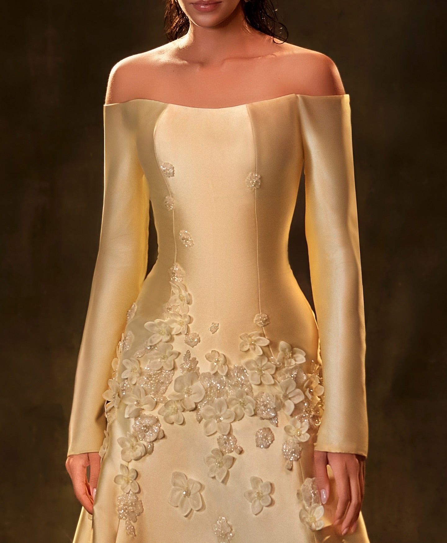 Elegant Off Shoulder Yellow 3D Flowers Evening Dress SS537