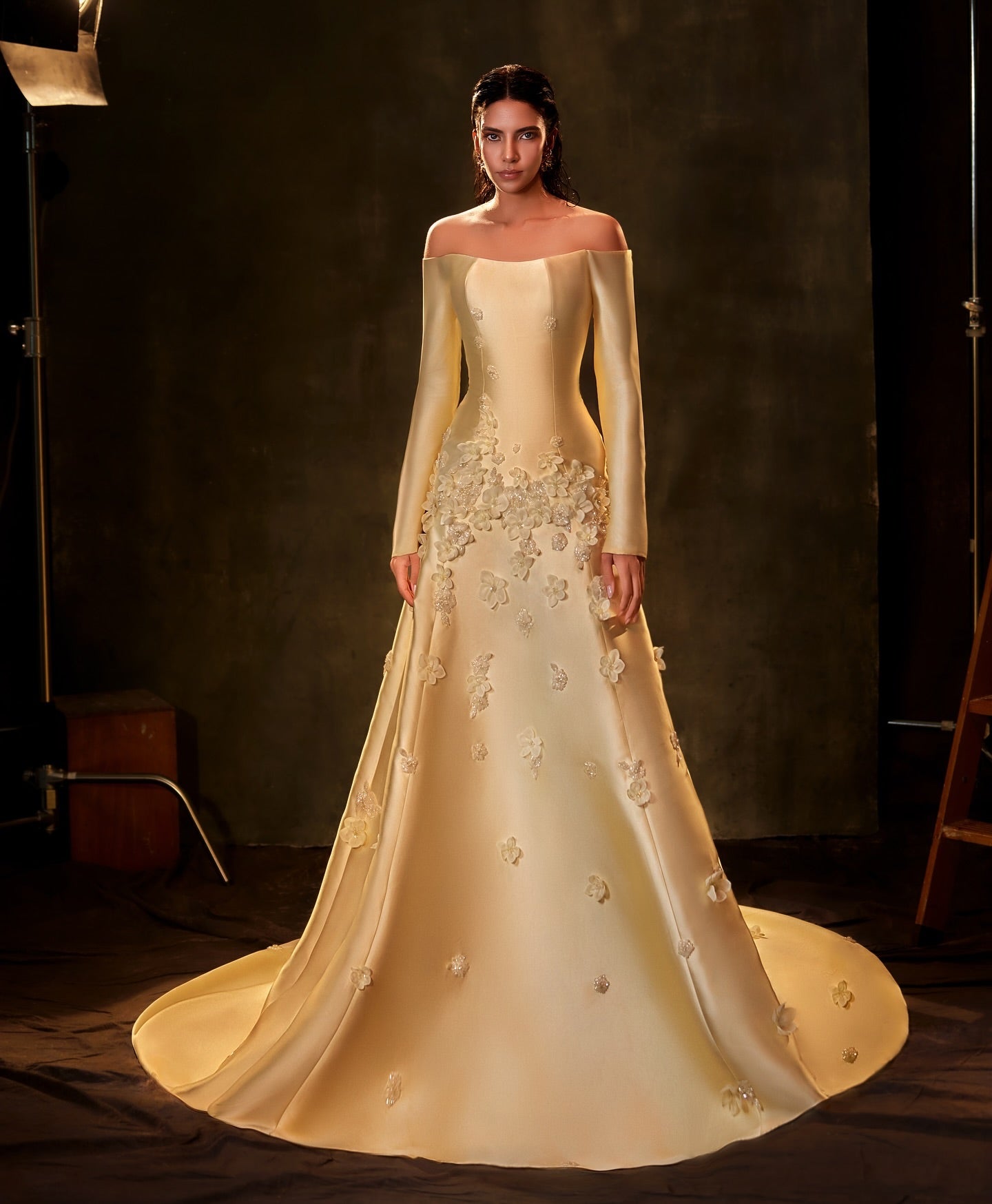 Elegant Off Shoulder Yellow 3D Flowers Evening Dress SS537