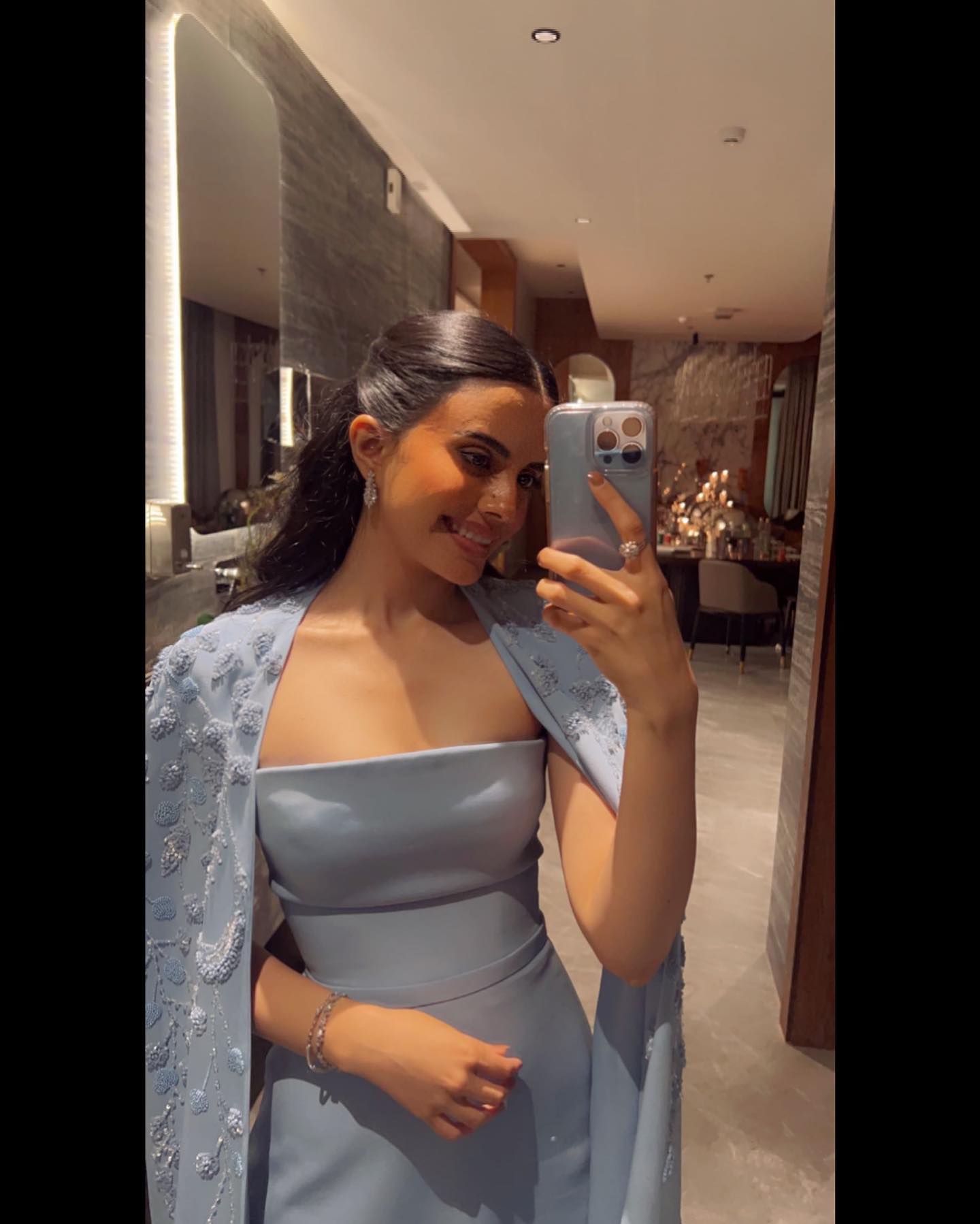 Elegant Blue Mermaid Evening Dress with Cape Sleeves SS407