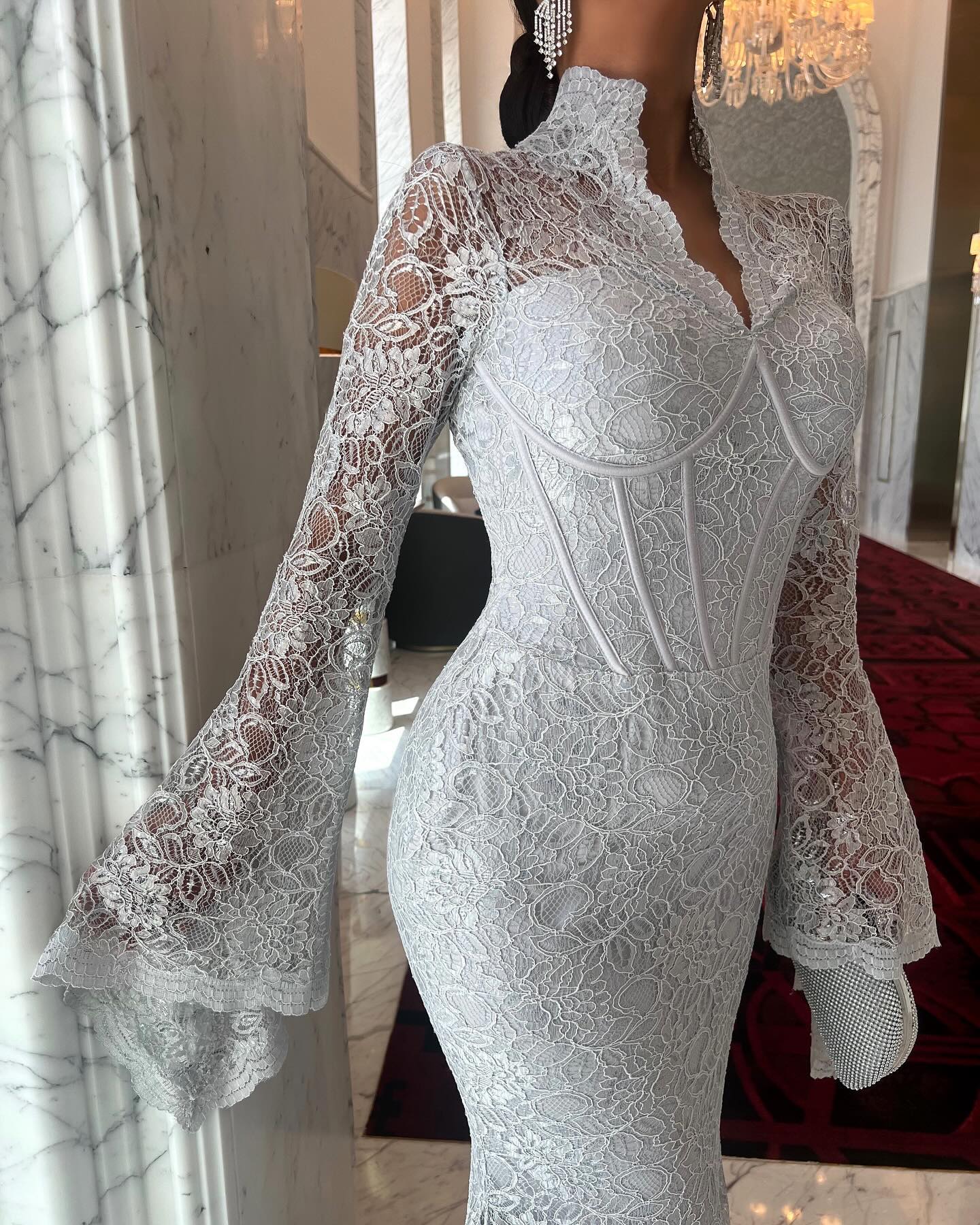 Elegant White Lace Long Sleeve Evening Dress SF122