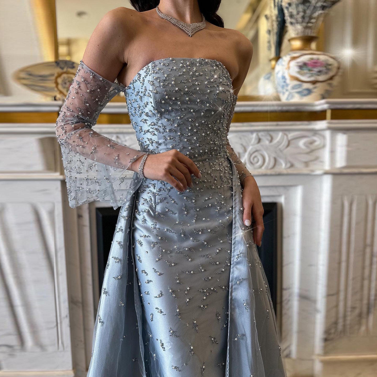 Luxury Silver Gray Evening Dress with Overskirt Sleeves SS484