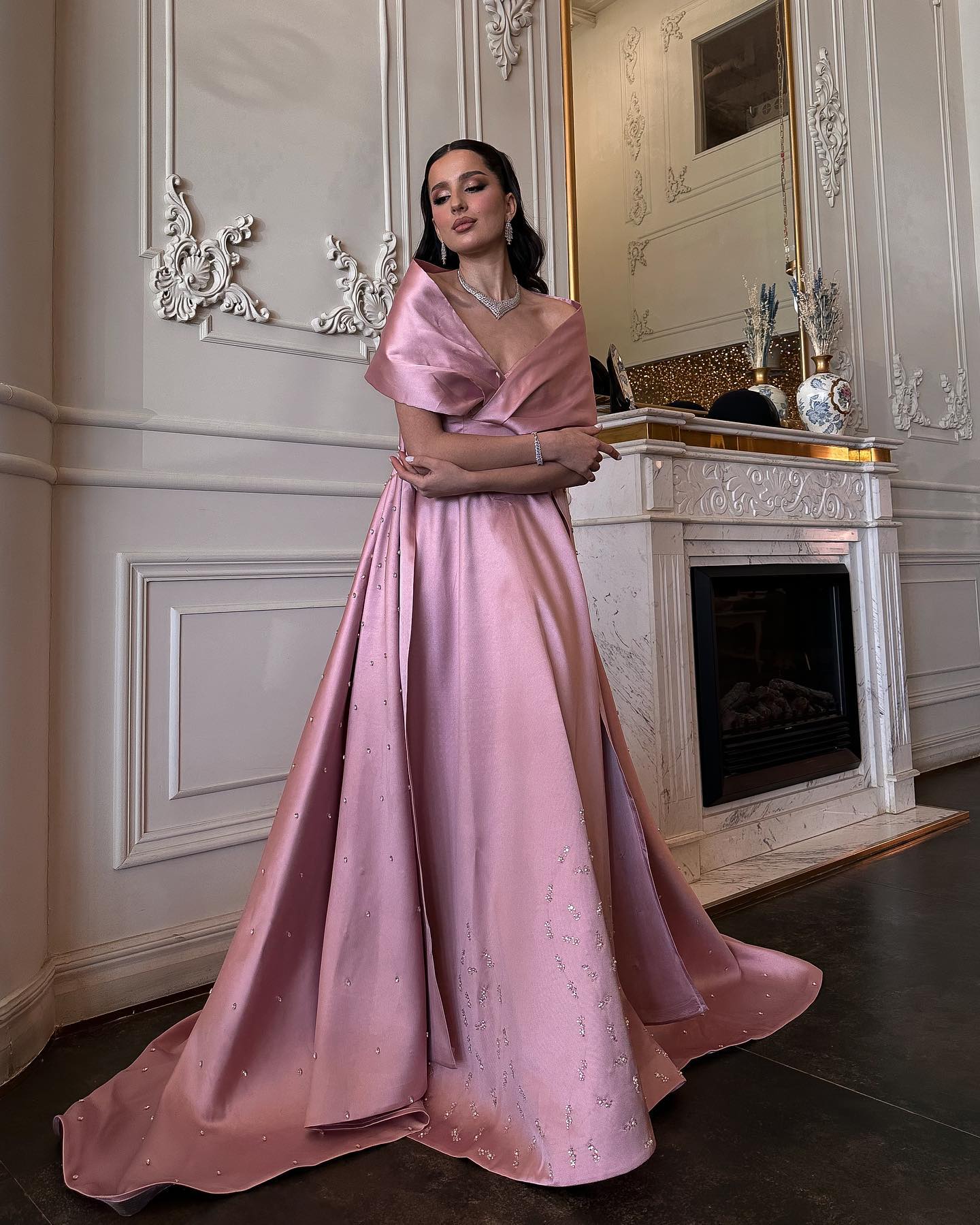 Luxury Pink Satin Off Shoulder Evening Dress SS481