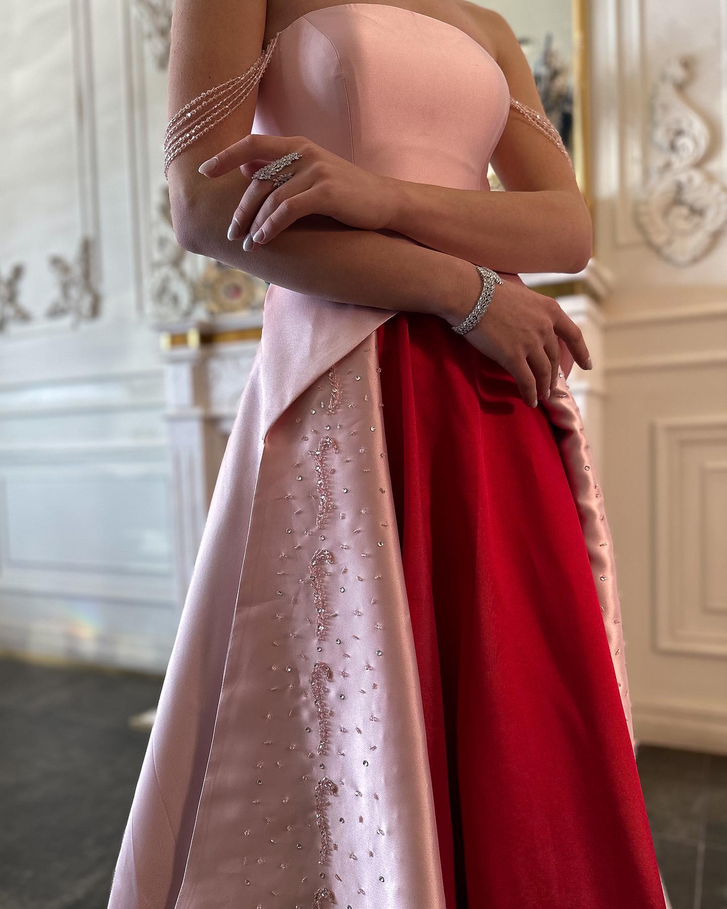 Elegant Strapless Pink and Red Two-Tone Evening Dress SS244