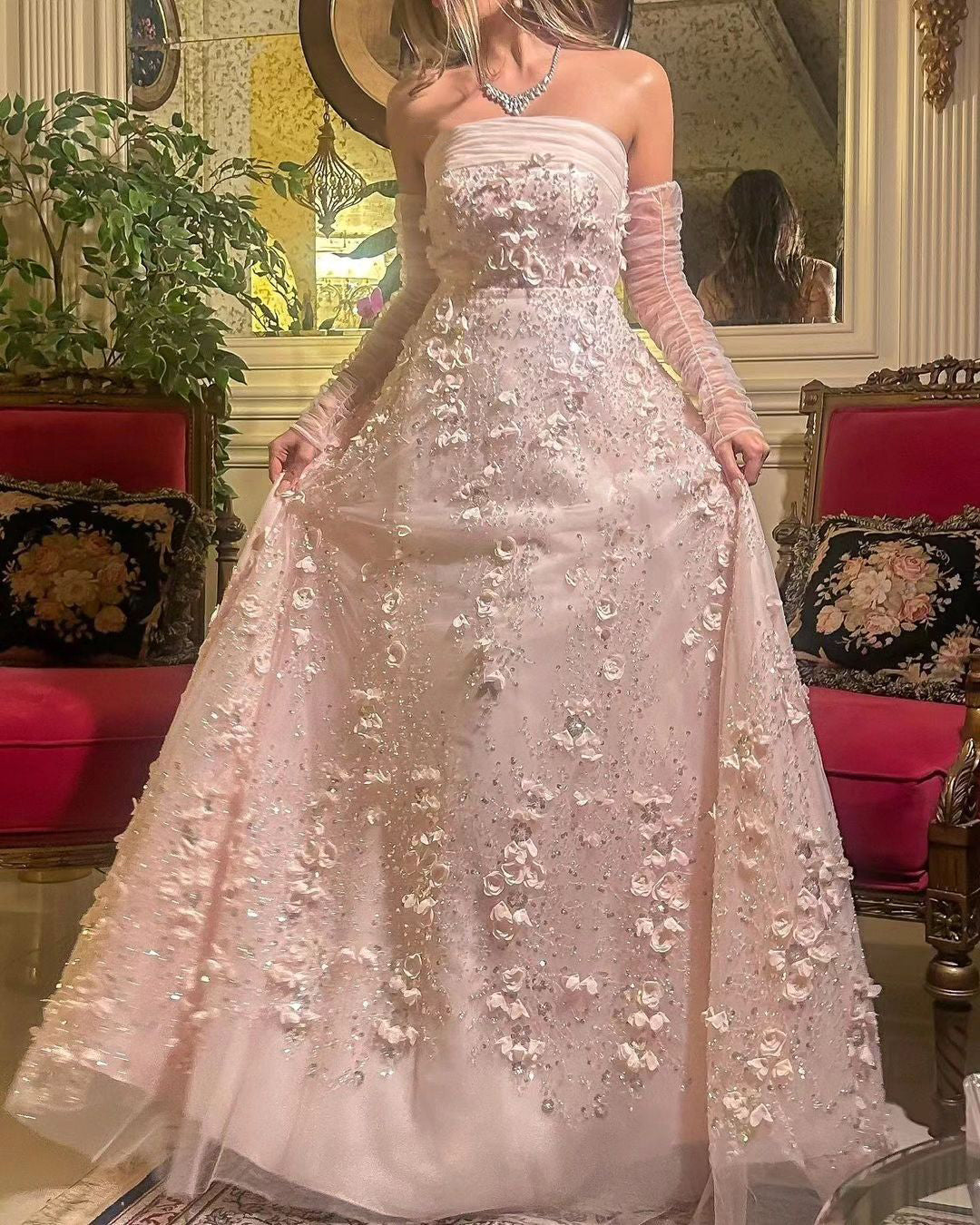 Elegant Pink 3D Flowers Evening Dress with Long Sleeves SS344