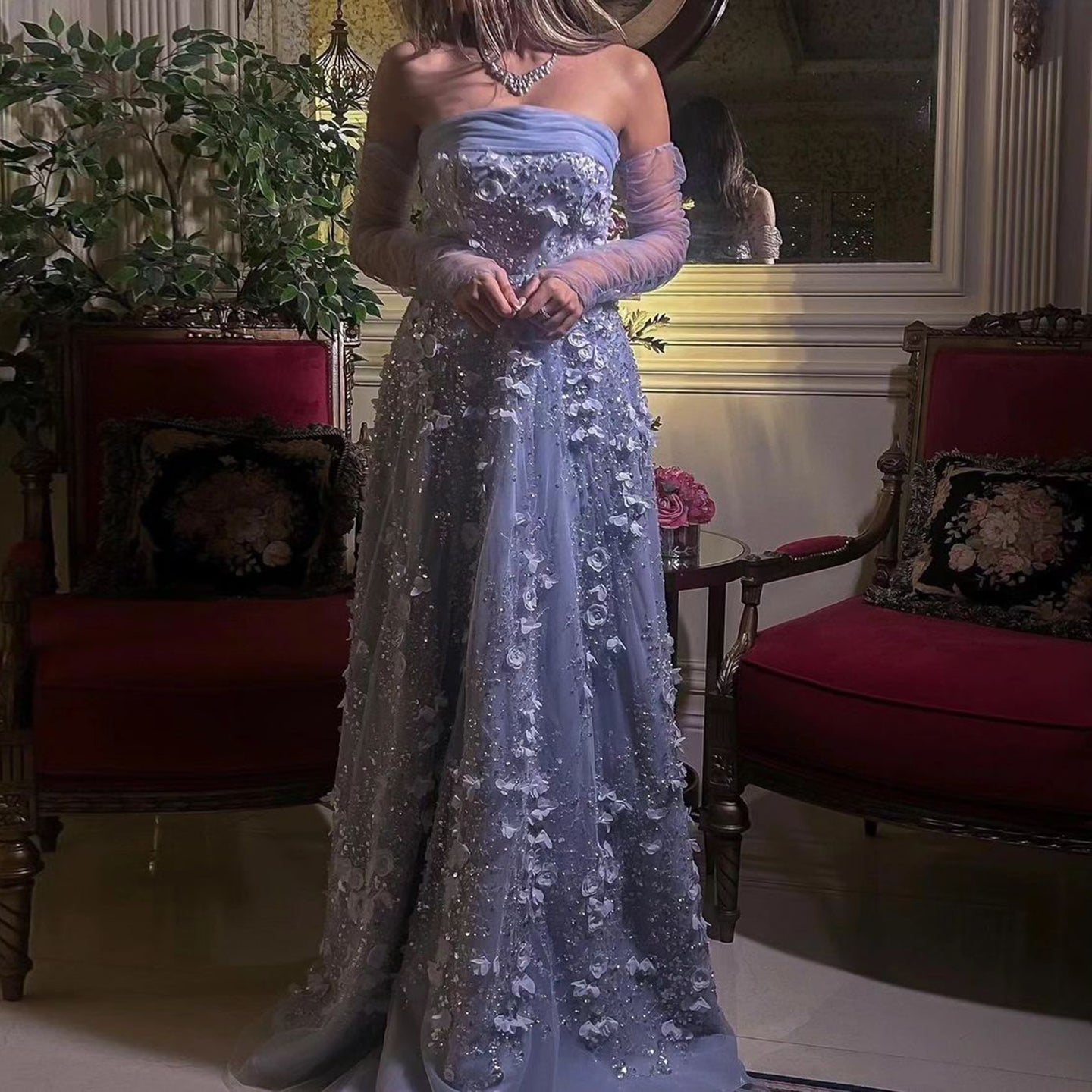 Elegant Pink 3D Flowers Evening Dress with Long Sleeves SS344  Blue / US 20