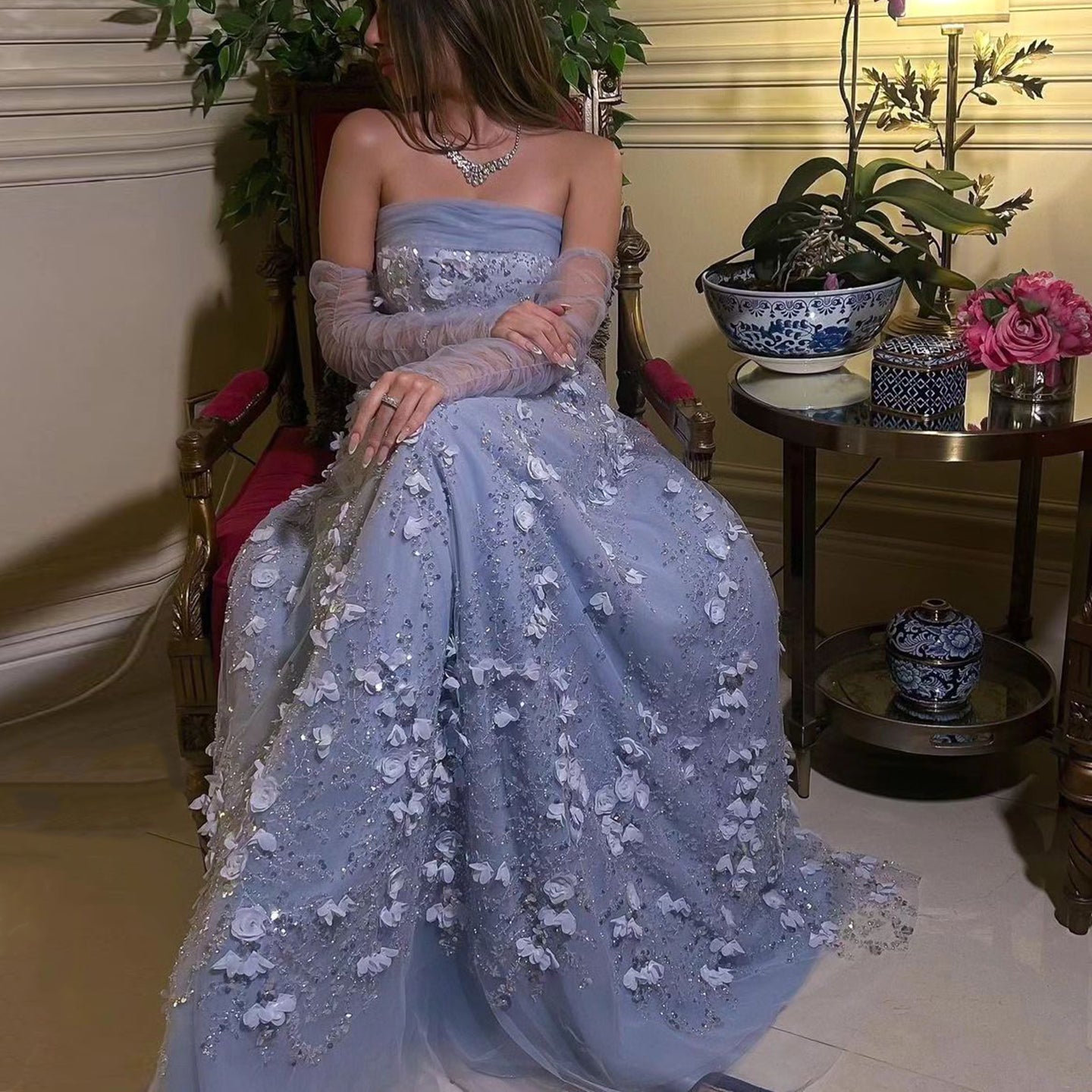 Elegant Pink 3D Flowers Evening Dress with Long Sleeves SS344