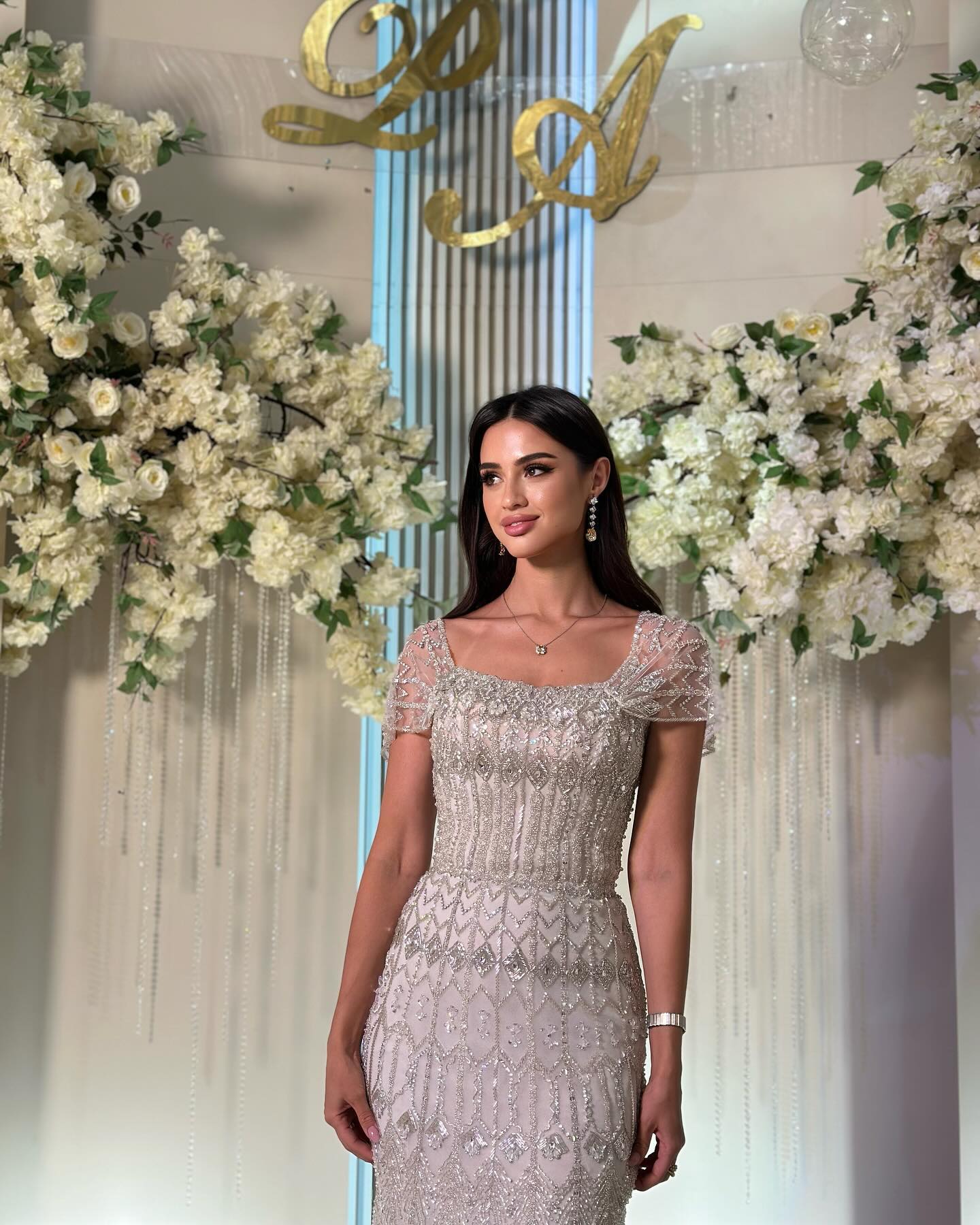 Luxury White Beaded Short Sleeves Evening Dress SS291