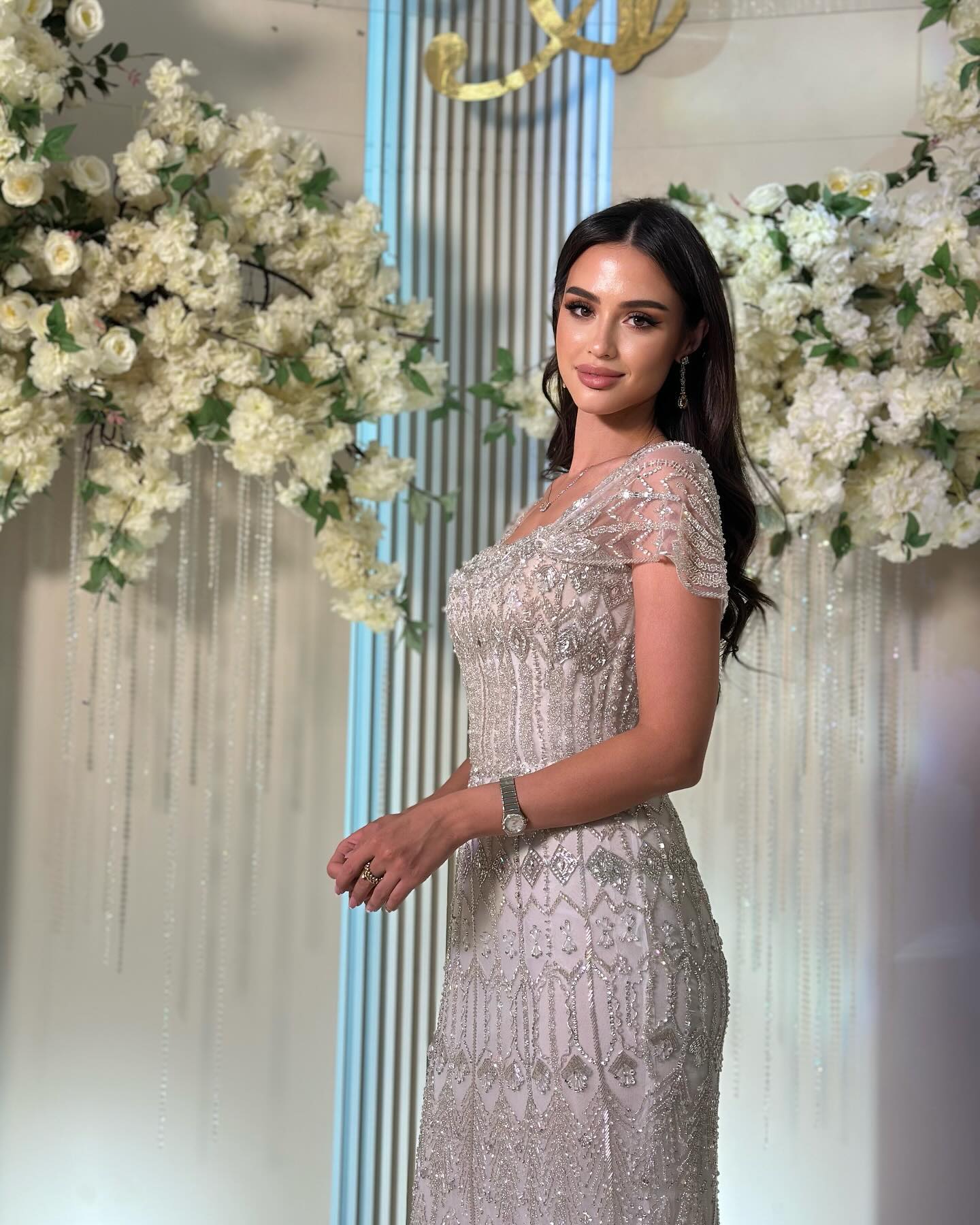 Luxury White Beaded Short Sleeves Evening Dress SS291