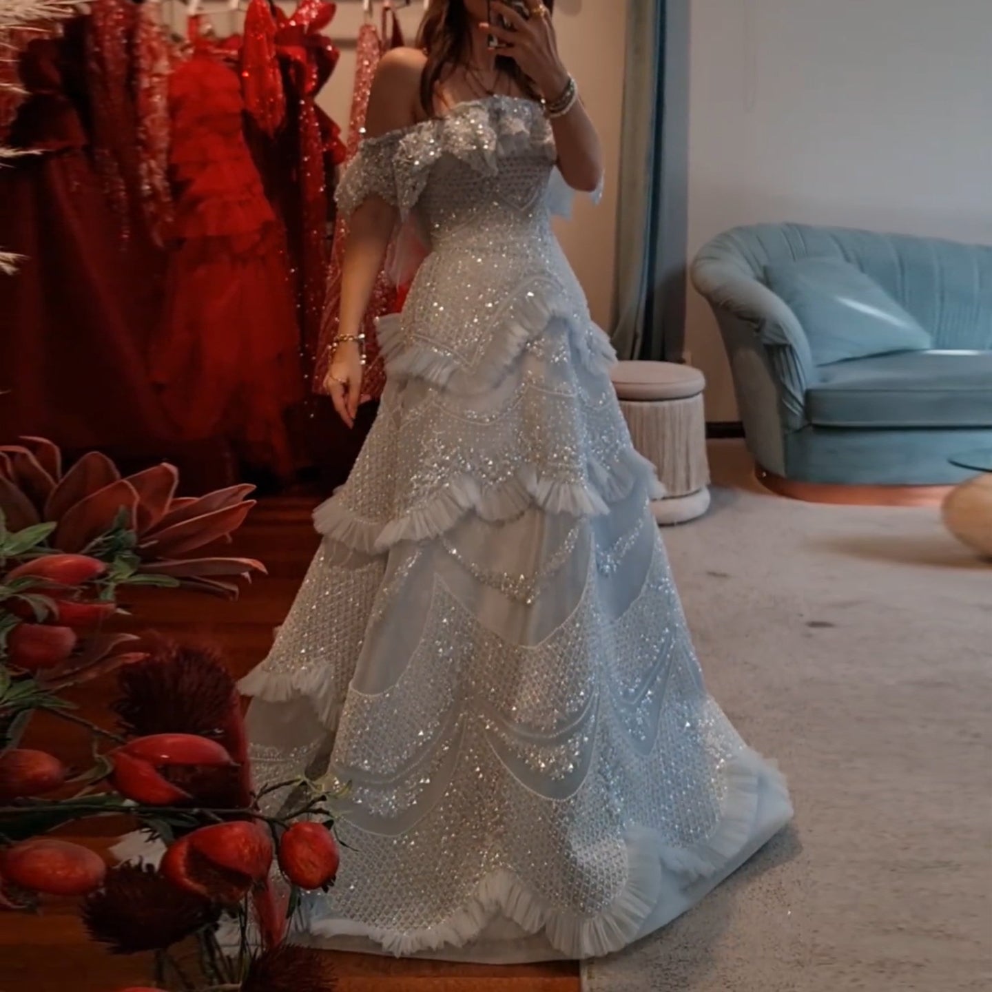 Luxury Silver Gray Off Shoulder Evening Dress SS485