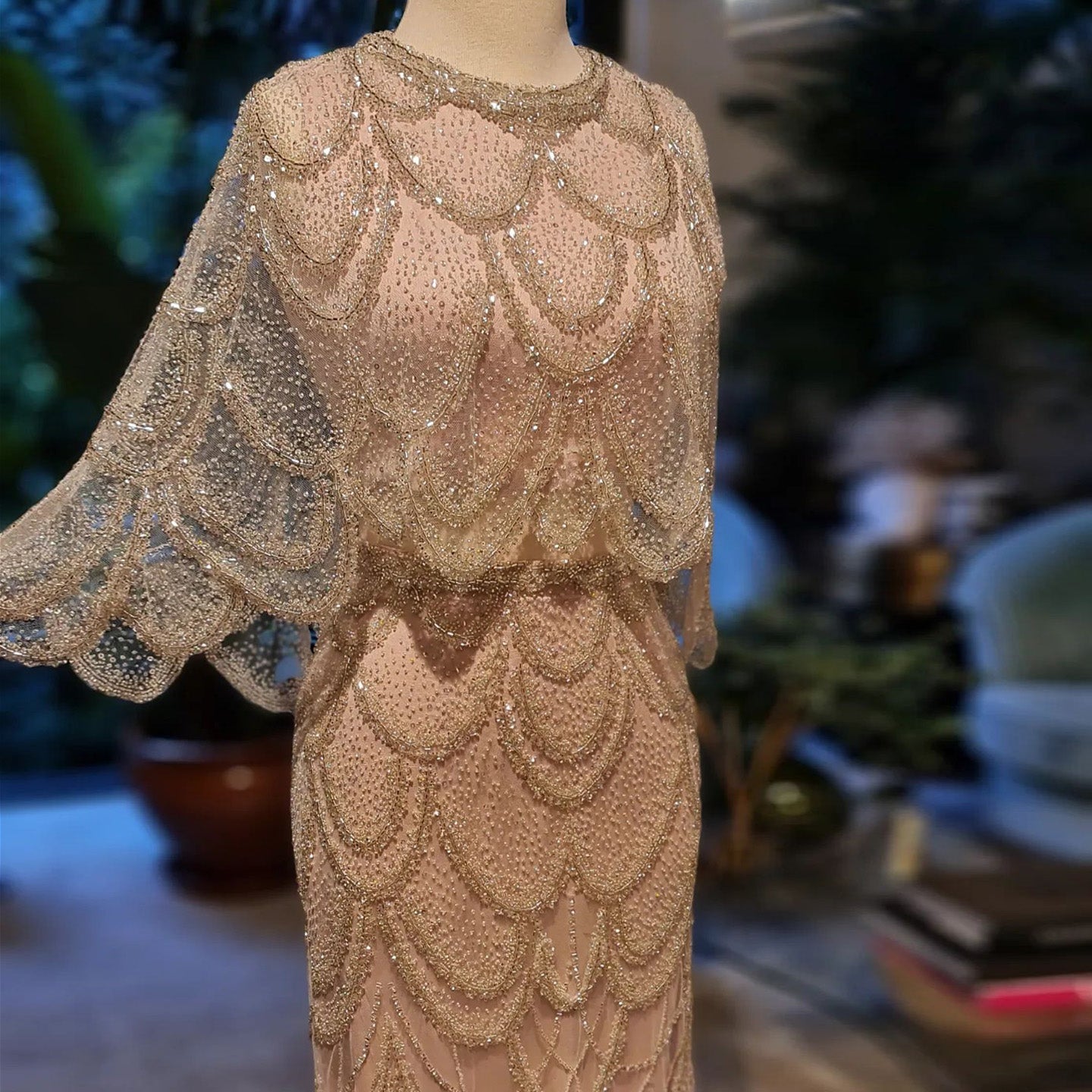 Luxury Beaded Nude Two Pieces Evening Dress SS646