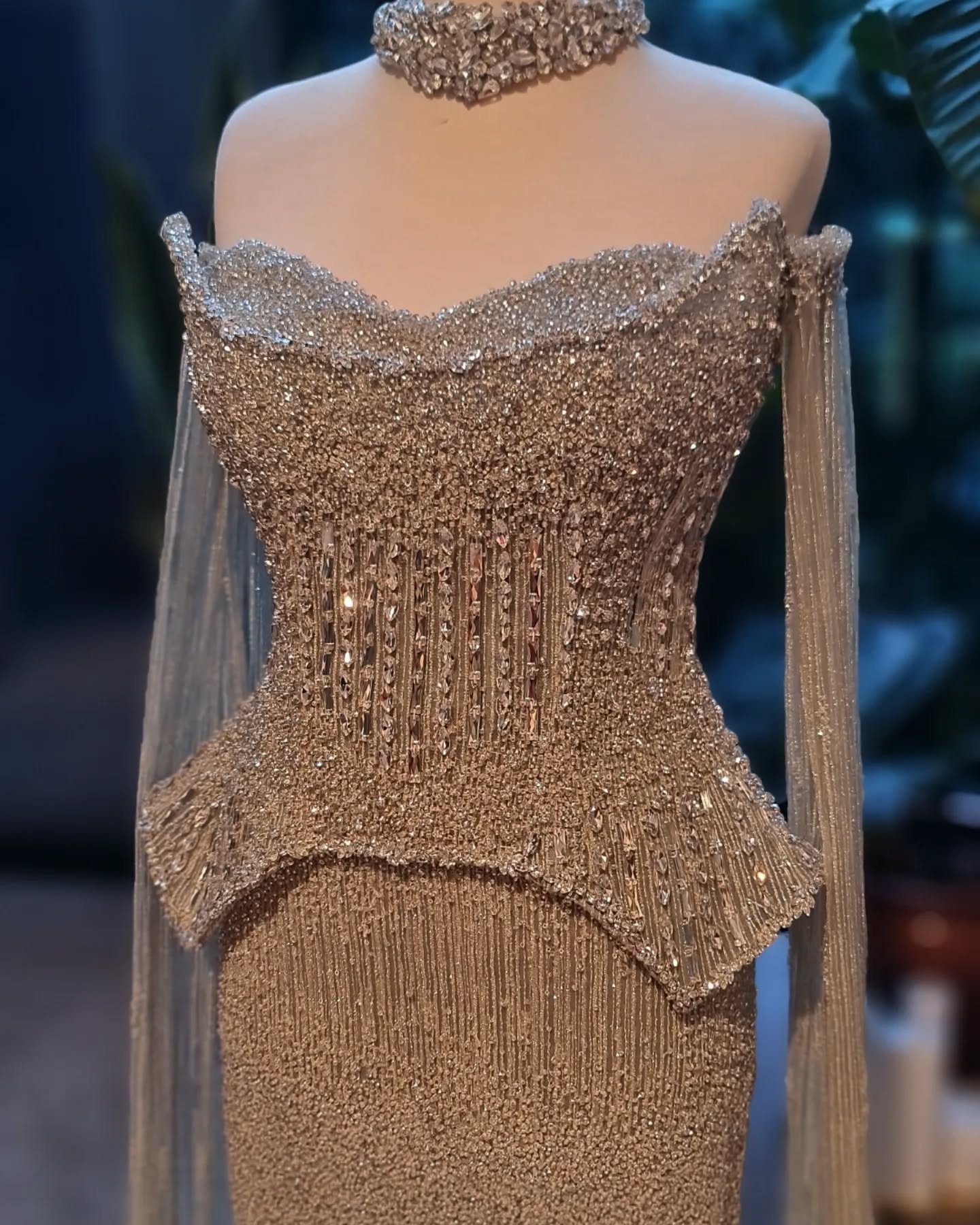 Stunning Gold Crystal Off Shoulder Evening Dress with Cape Sleeves SS558