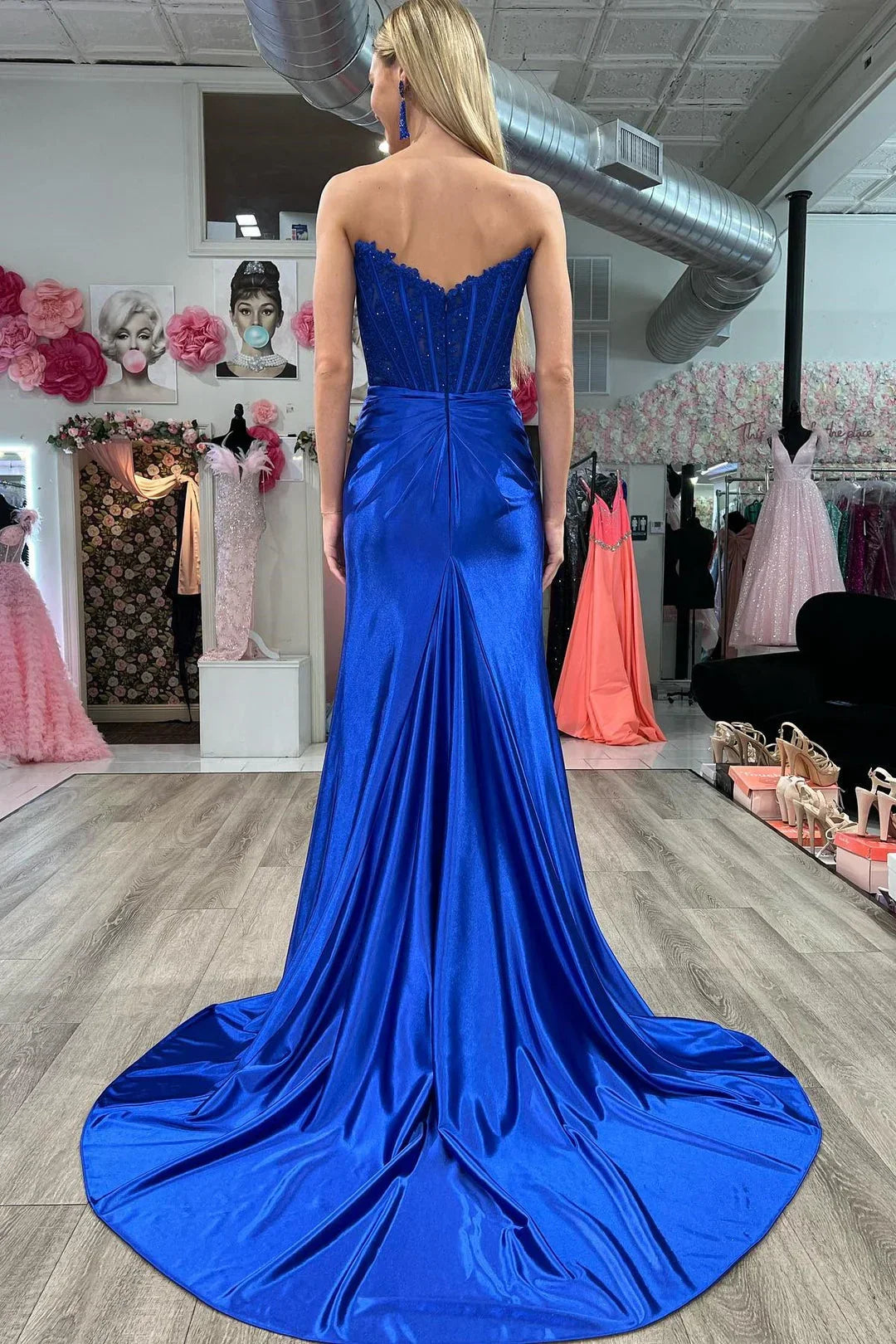Sheath/Column Elastic Woven Satin Ruched Off-the-Shoulder Sleeveless Sweep/Brush Train Prom Dresses