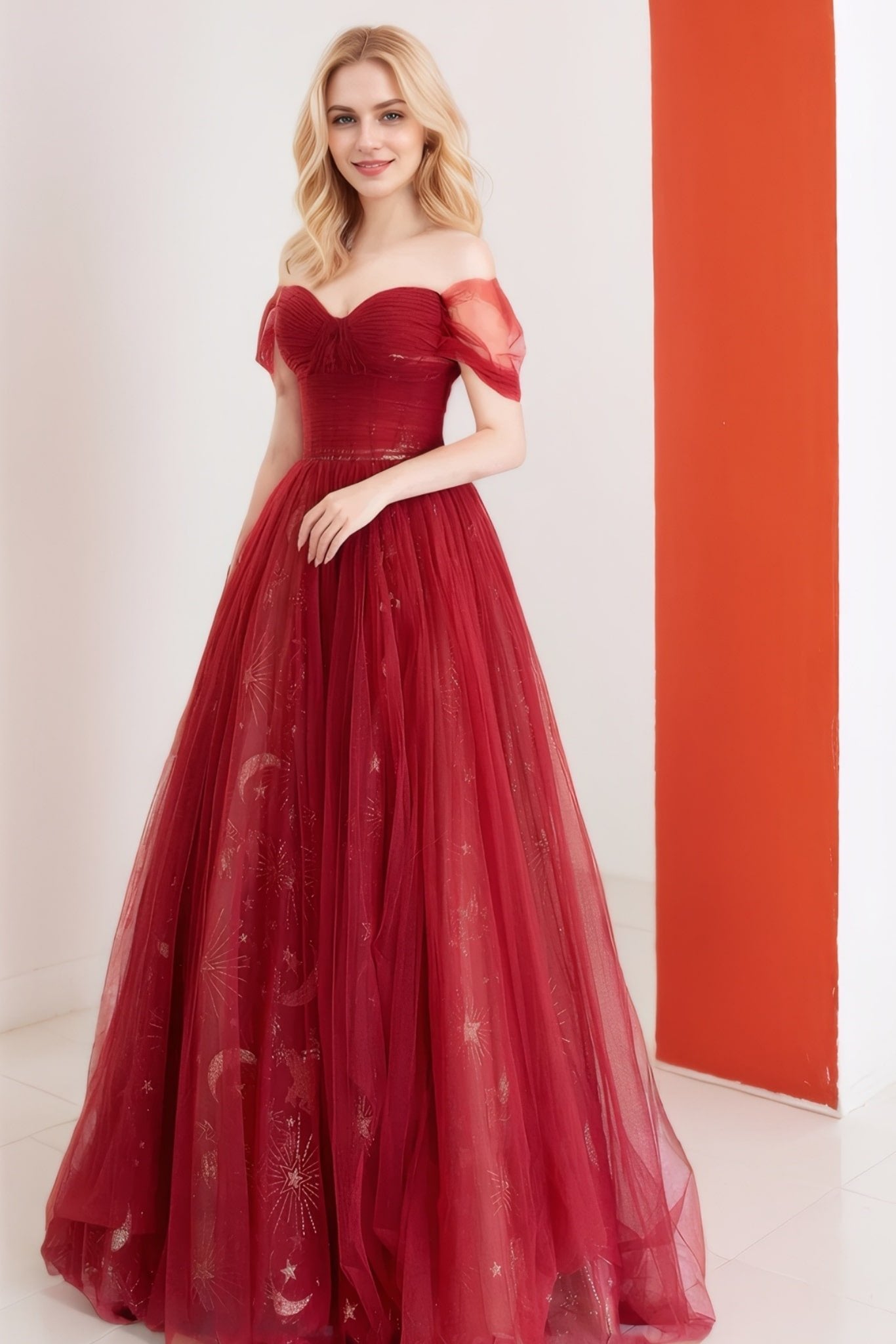 A-Line/Princess Tulle Long Prom Dress,Off the Shoulder Backless Evening Dress-0