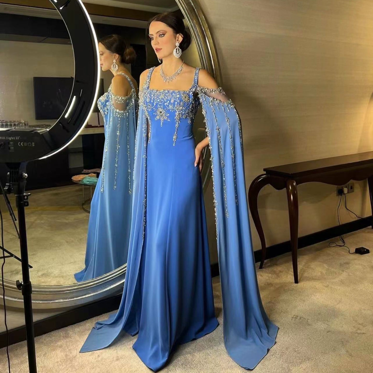Chic Blue Crystal  Evening Dress with Flowing Cape Sleeve SS305