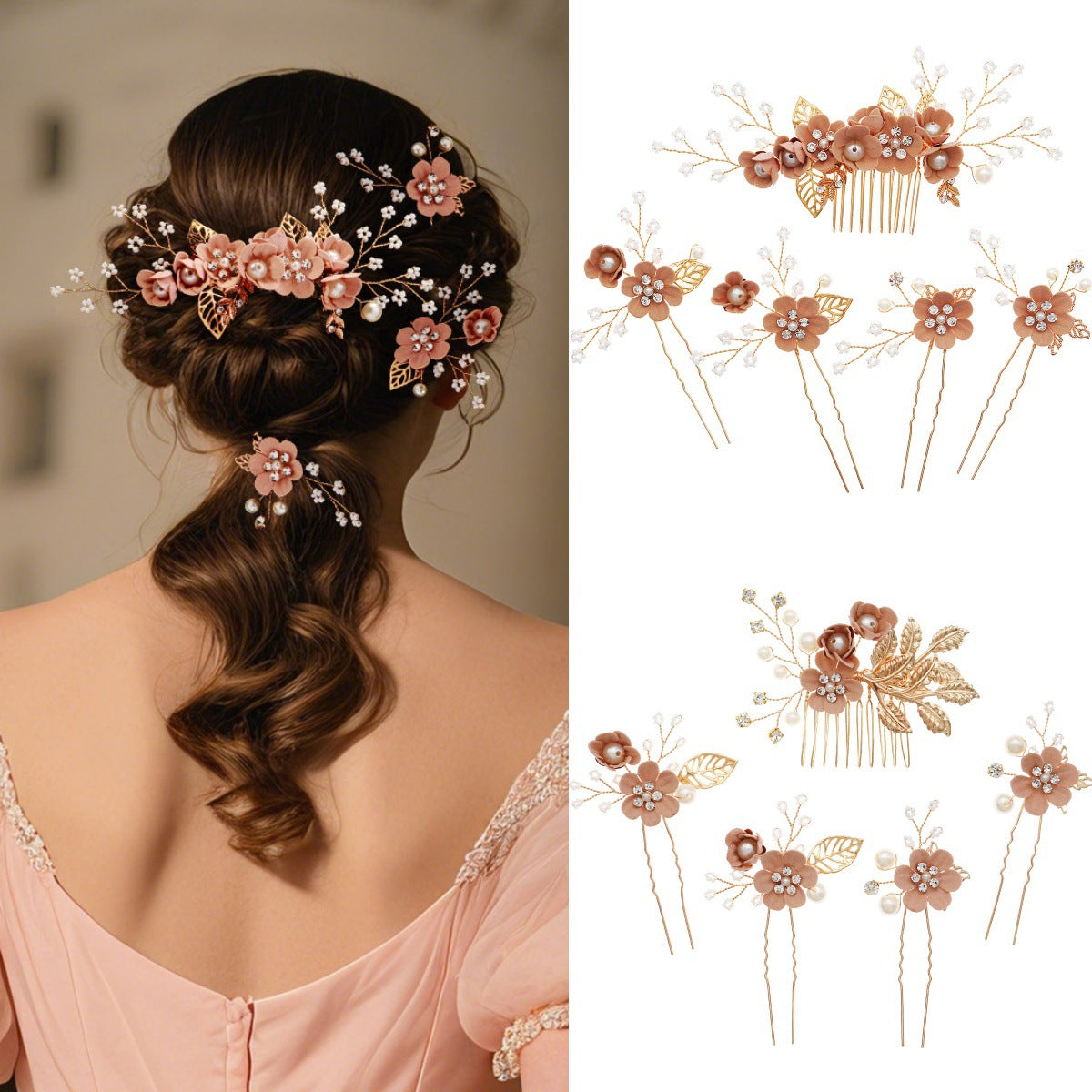 Pink Flower and Leaf Coiled Handmade Pearl Hairpin(5-piece set)