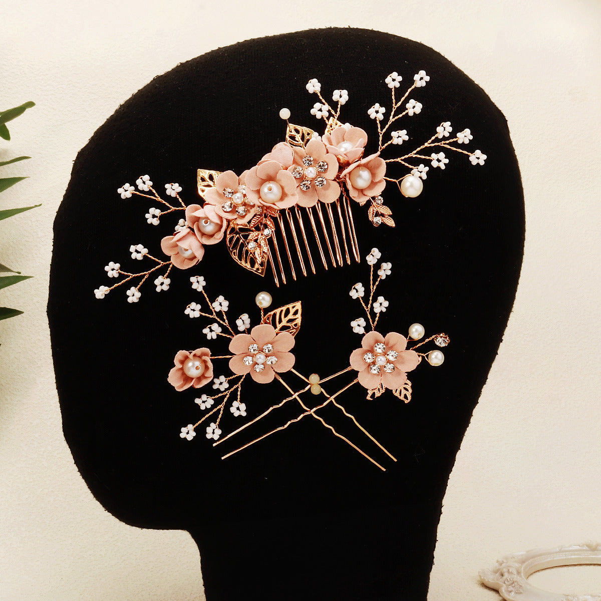 Pink Flower and Leaf Coiled Handmade Pearl Hairpin(5-piece set)