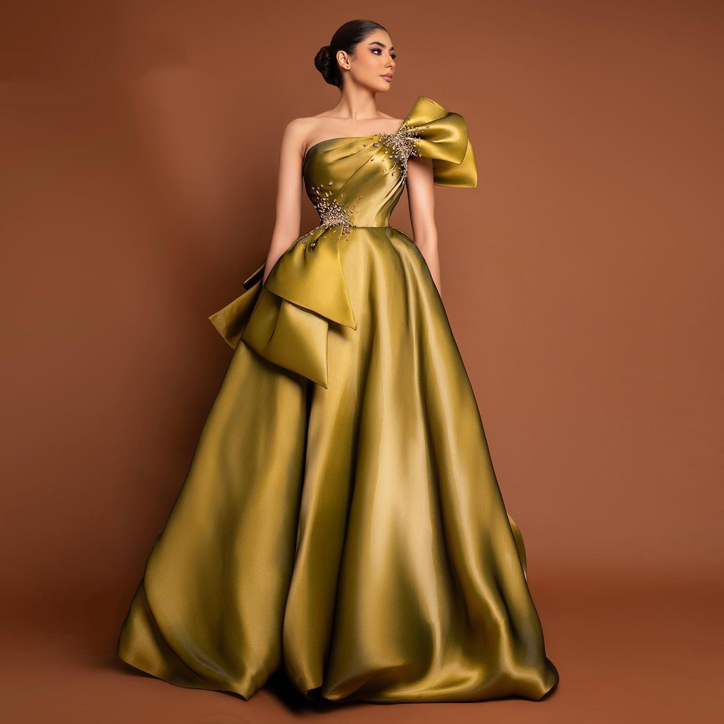 Elegant Gold One Shoulder Satin Evening Dress SS592