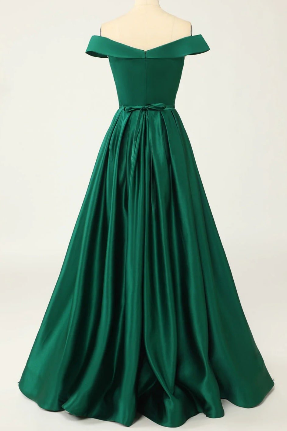 A-line Off-the-Shoulder Sweep Train Satin Prom Dresses With Pleated Pockets Split-776