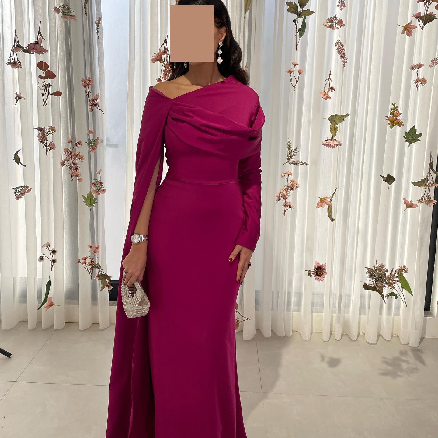 Elegant Fuchsia One Shoulder Evening Dress with Cape SF074