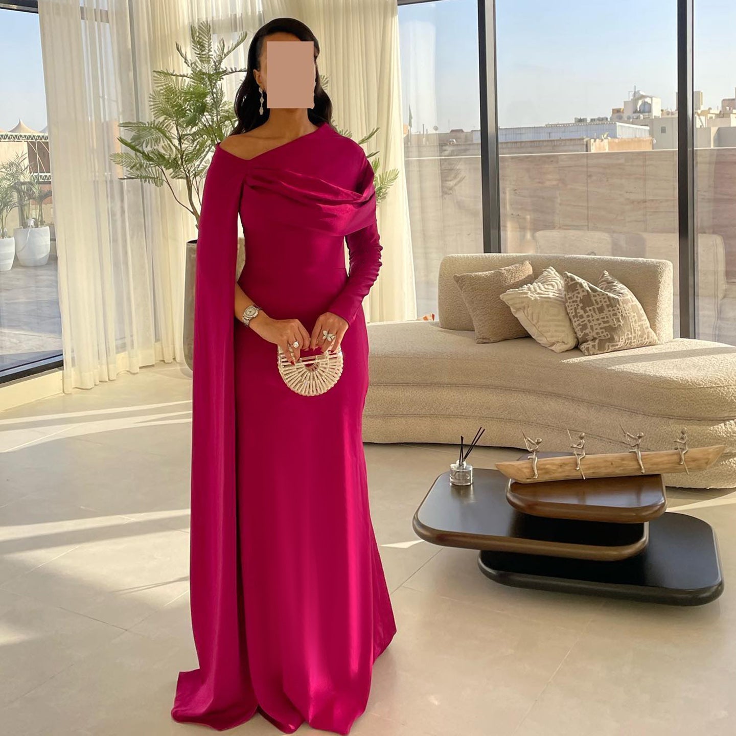 Elegant Fuchsia One Shoulder Evening Dress with Cape SF074  Fuchsia / US 16